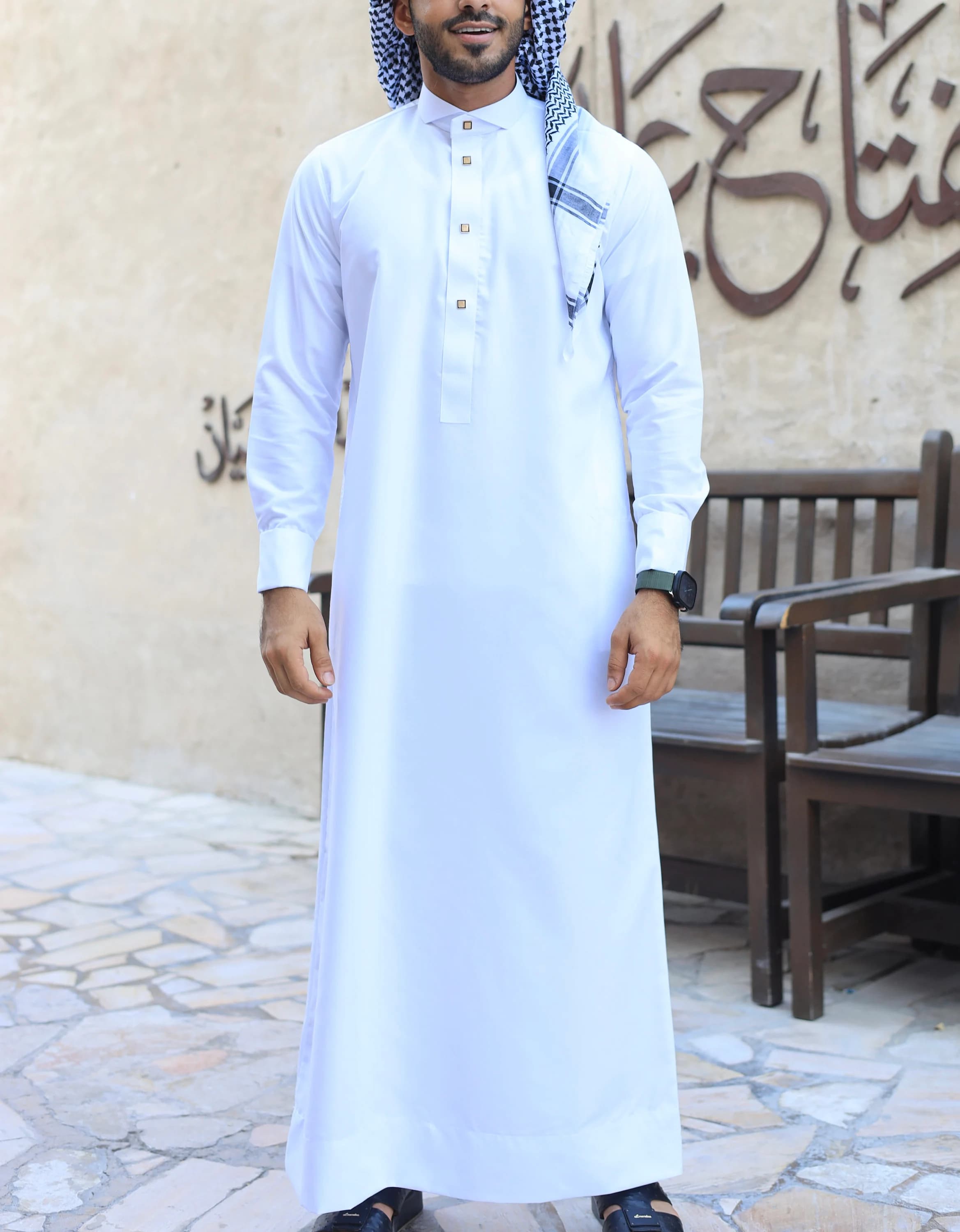 White Thobe for Men with Gold Buttons, Japanese Cotton Collar Jubba, Eid Nikah - image 3