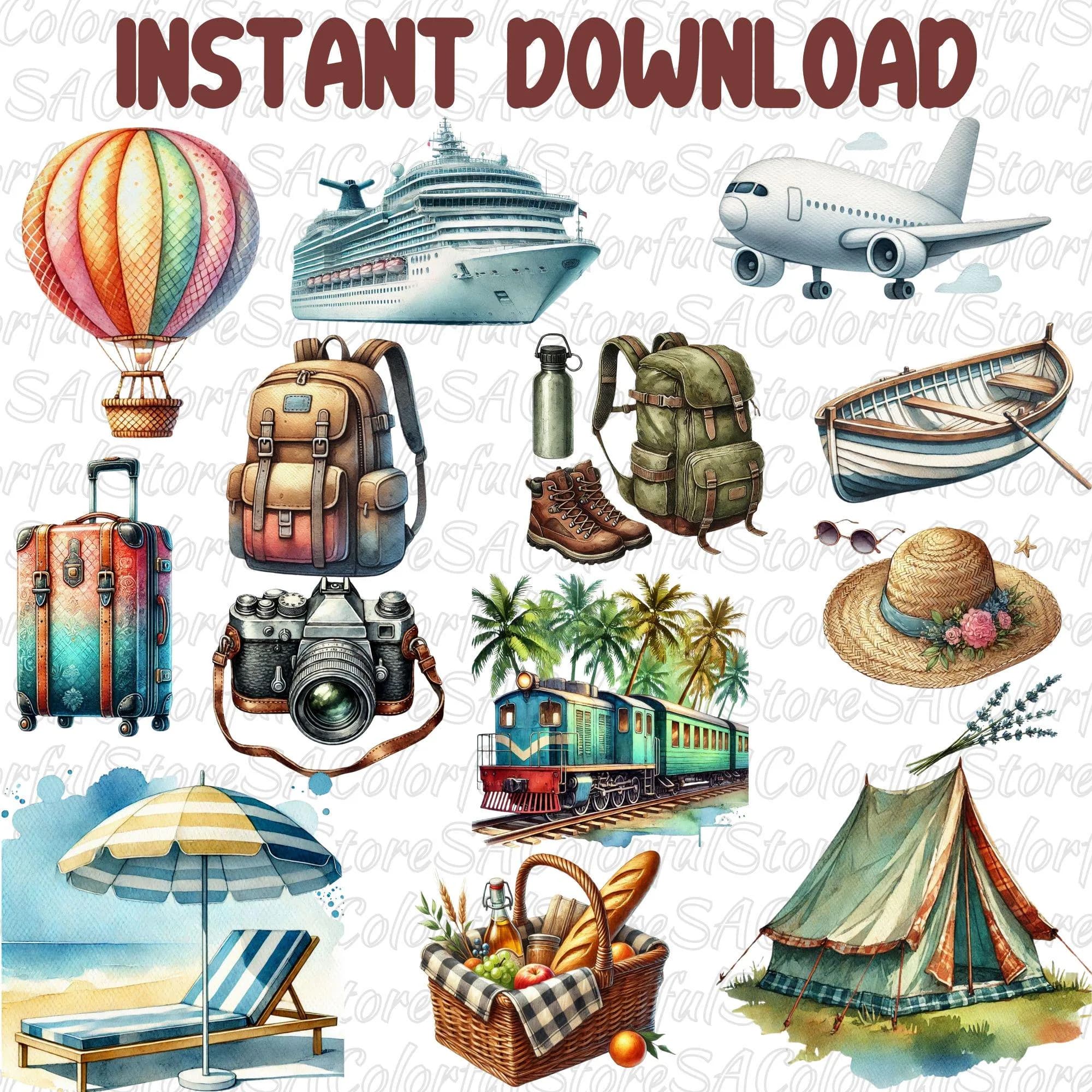 suitcase clipart, adventure clipart, travel clipart, vacation clipart, watercolor travel, clip art, holiday clipart, summer clipart, travel clip art, traveling clip art, vacation clip art, watercolor clipart, watercolor clip art, summer clipart, summer png, summer design, hello summer