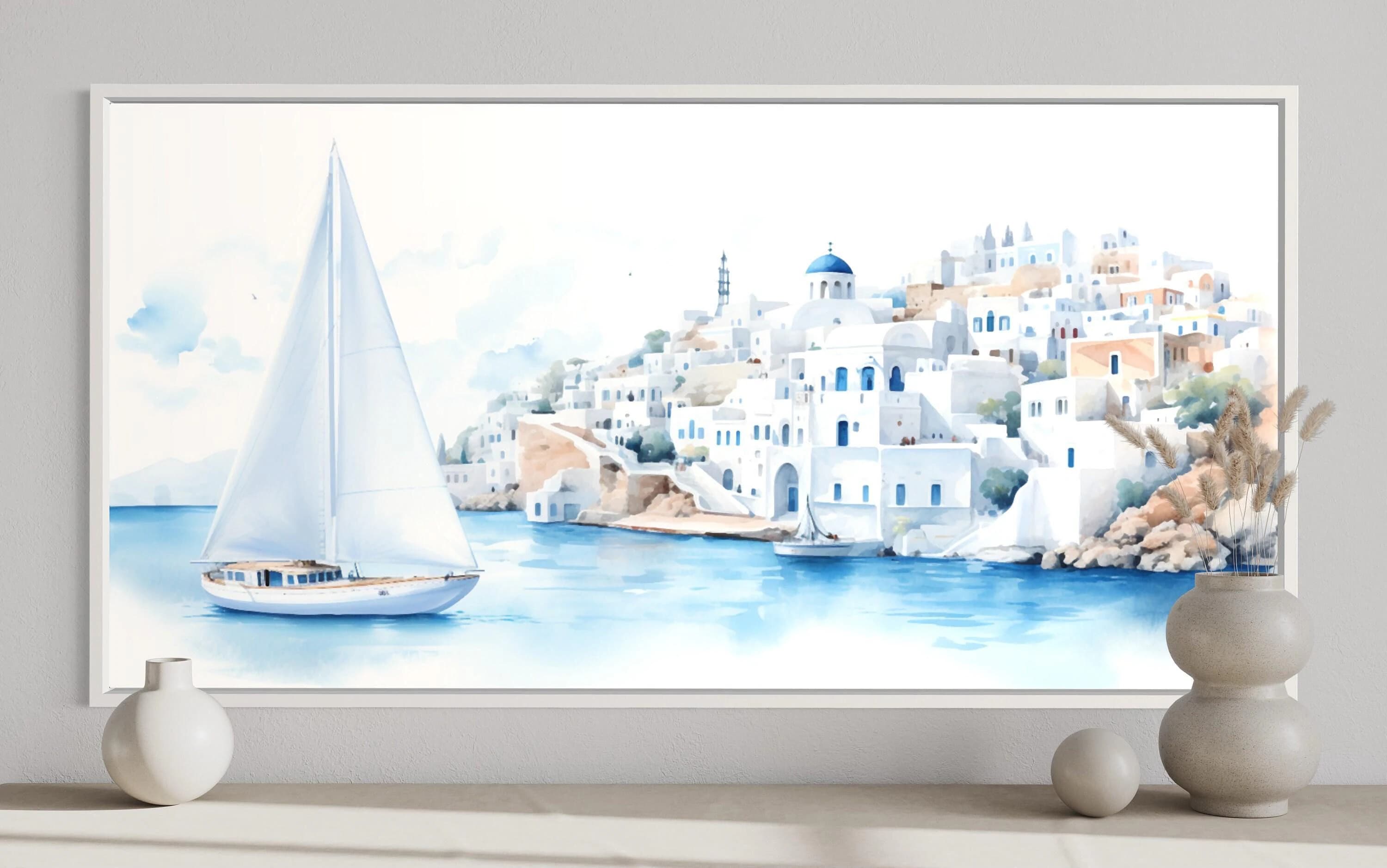 a serene coastal town with a sailboat on the water, surrounded by white buildings with blue roofs.