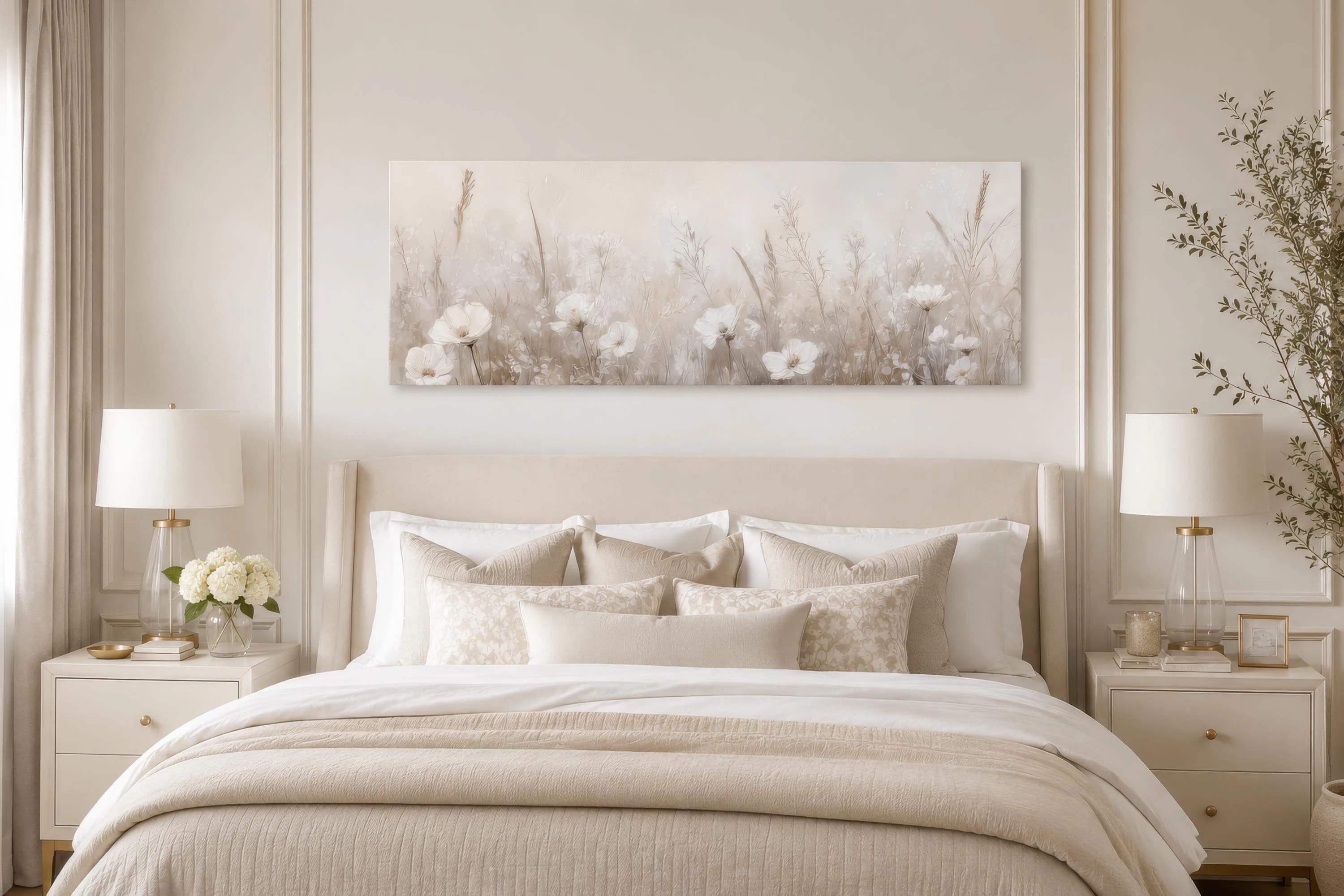 White Beige Neutral Boho Wall Art, Farmhouse Wildflowers Field Oil Painting Canvas Print - Rustic Above Bed Wall Decor Ready To Hang - image 4