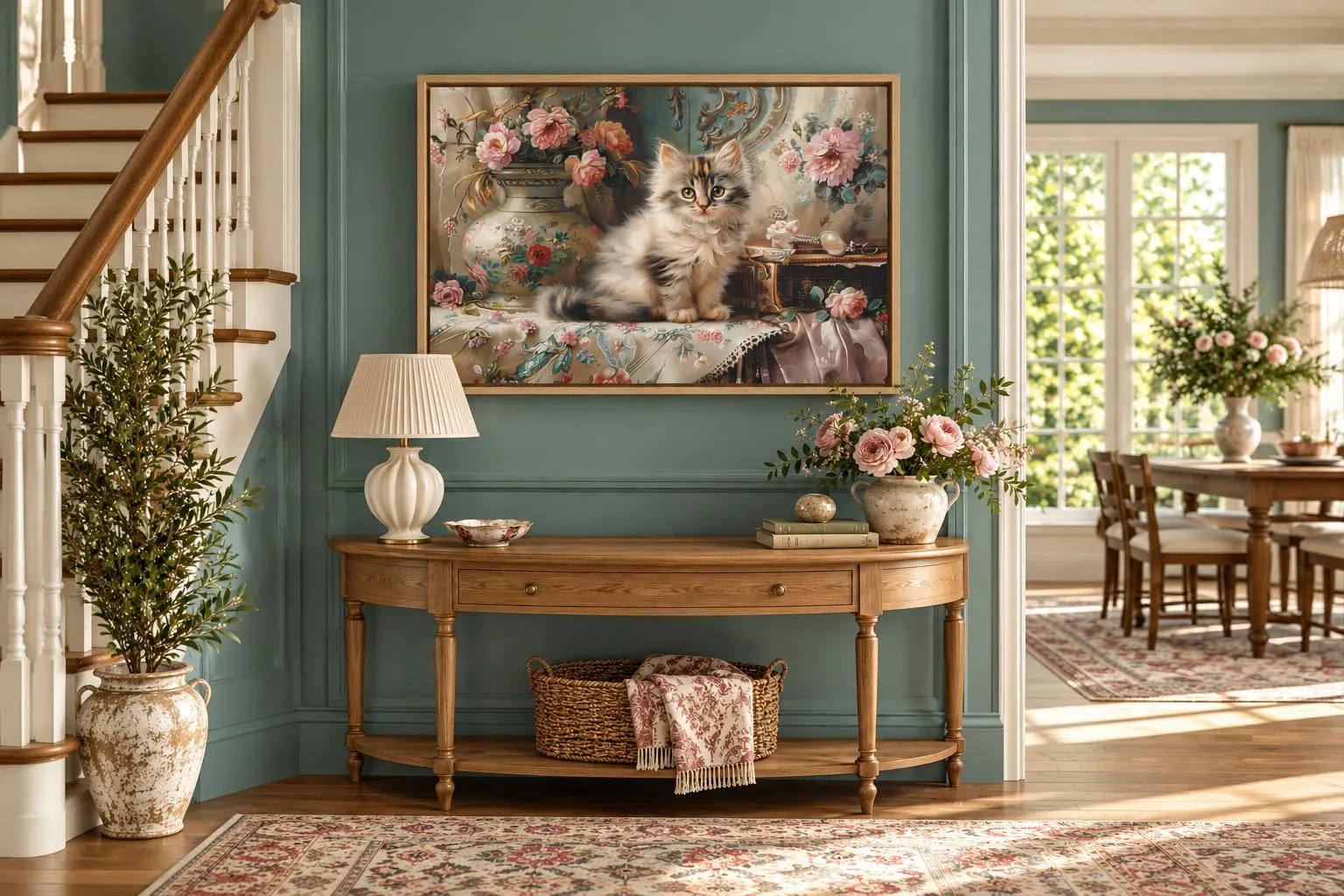 Cute Cat Victorian Portrait, Cat And Flowers Oil Painting Canvas Print - Gift For Cat Owners, Vintage Kitten Wall Art Framed Ready To Hang - image 4