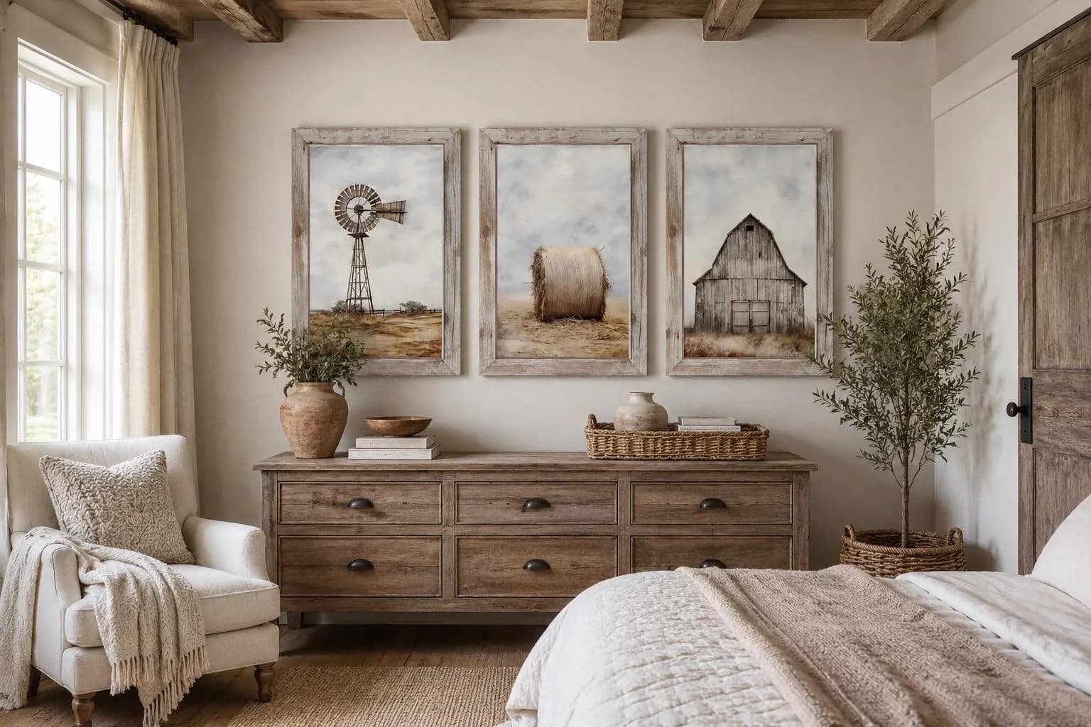 Farmhouse Wall Art Set of Three Rustic Farm PRINTs - Painting of Windmill, Old Barn, Hay Bale Print on Canvas Gallery Wall Art - image 5