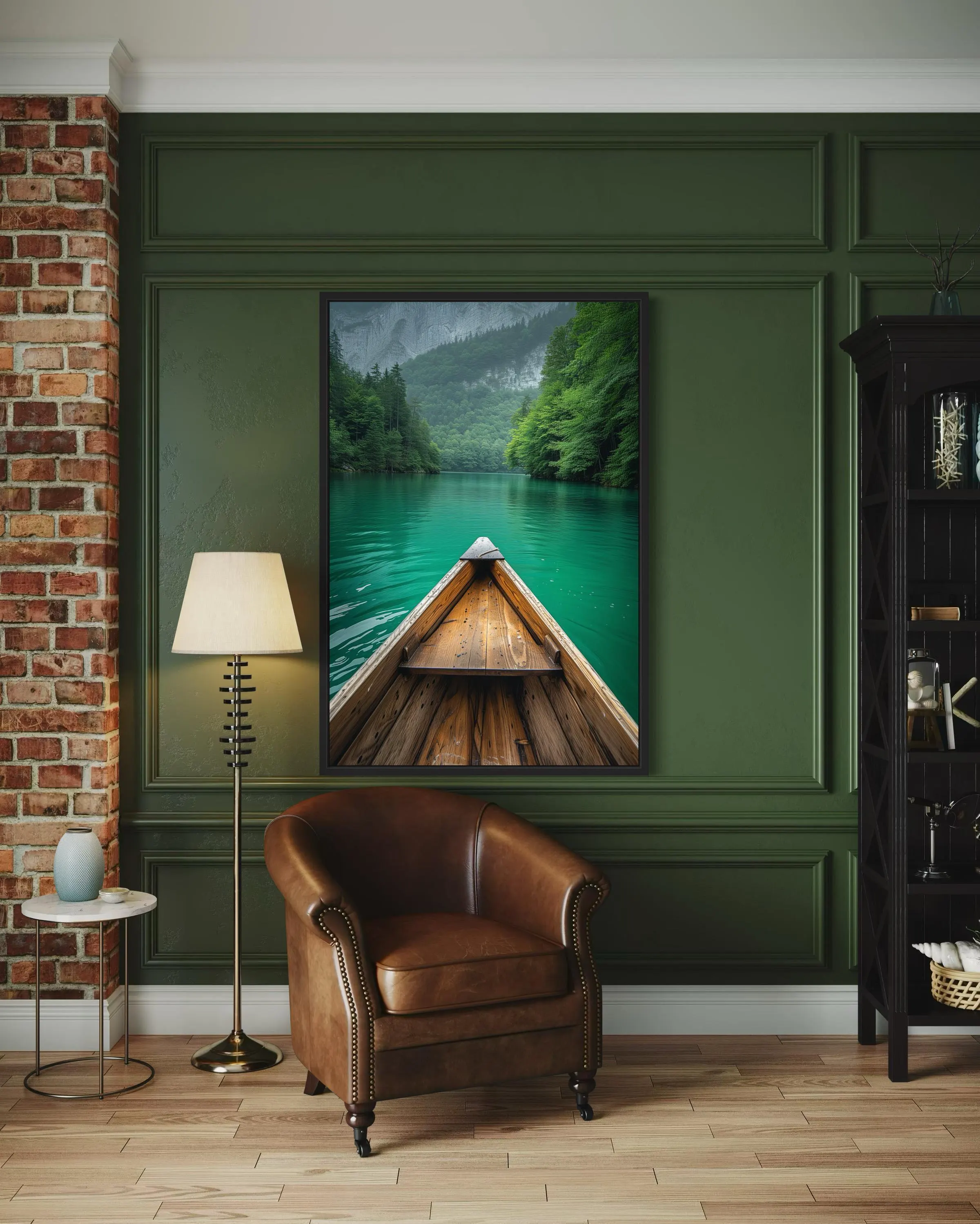 a cozy living room with a large painting of a wooden boat on the wall, a comfortable leather armchair, and a brick wall.