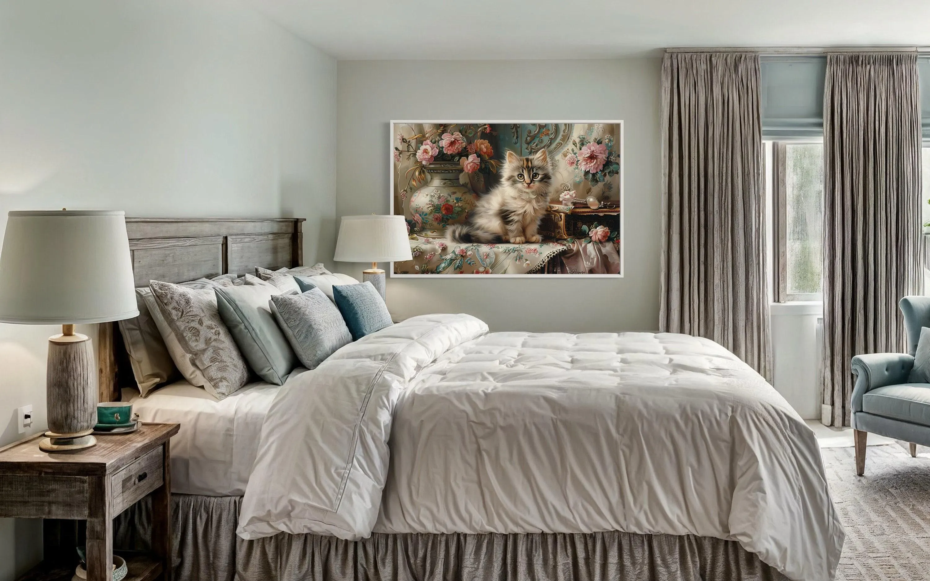 a cozy bedroom with a large bed, a nightstand, and a painting of a cat on the wall.