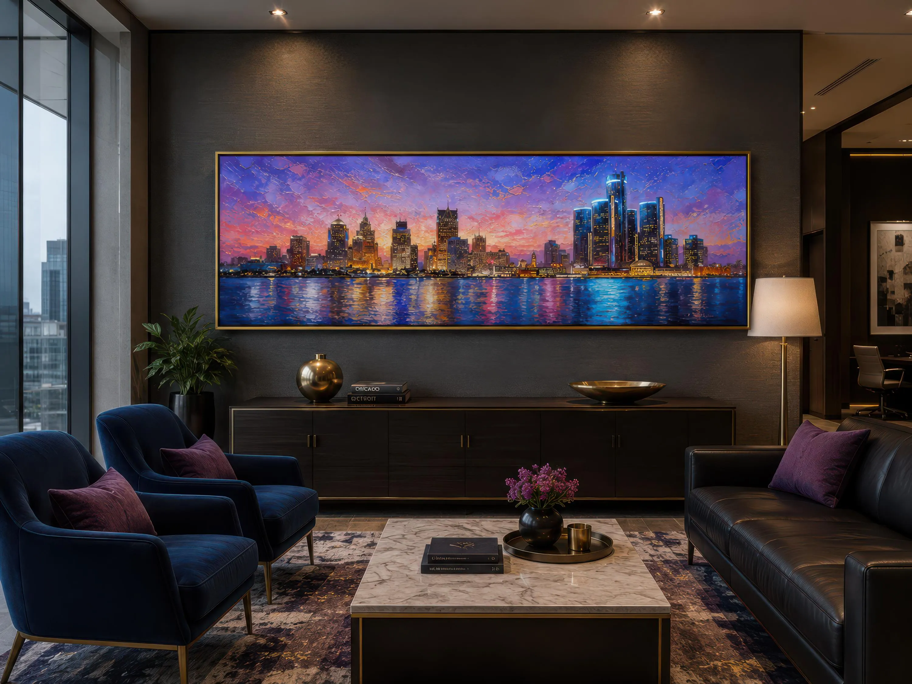 Detroit City Skyline Wall Art | Long Horizontal Canvas Print | Sunset Cityscape | Michigan Skyline Painting | Office Wall Decor - image 5