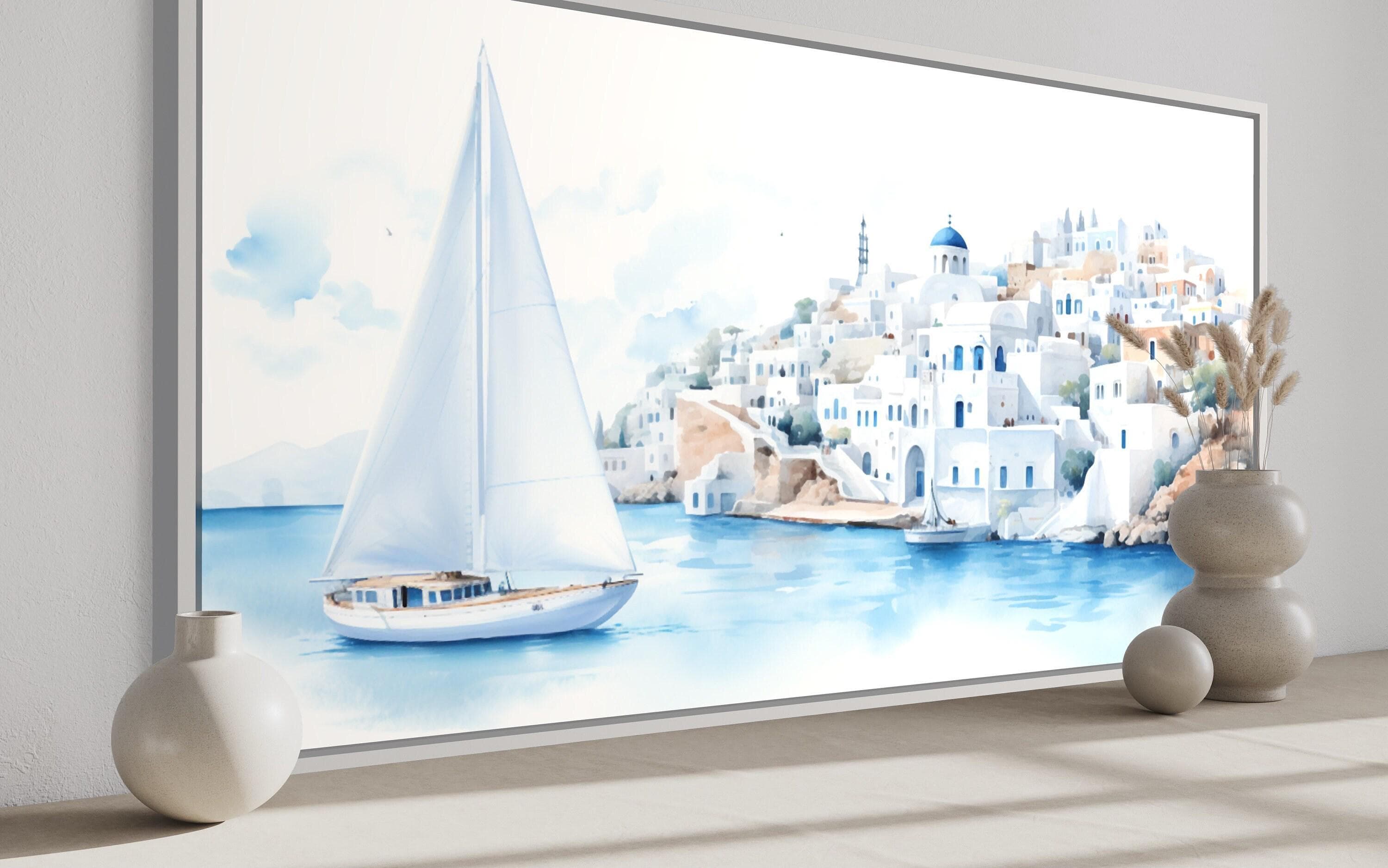 a serene scene of a sailboat on the water, with a picturesque town in the background.