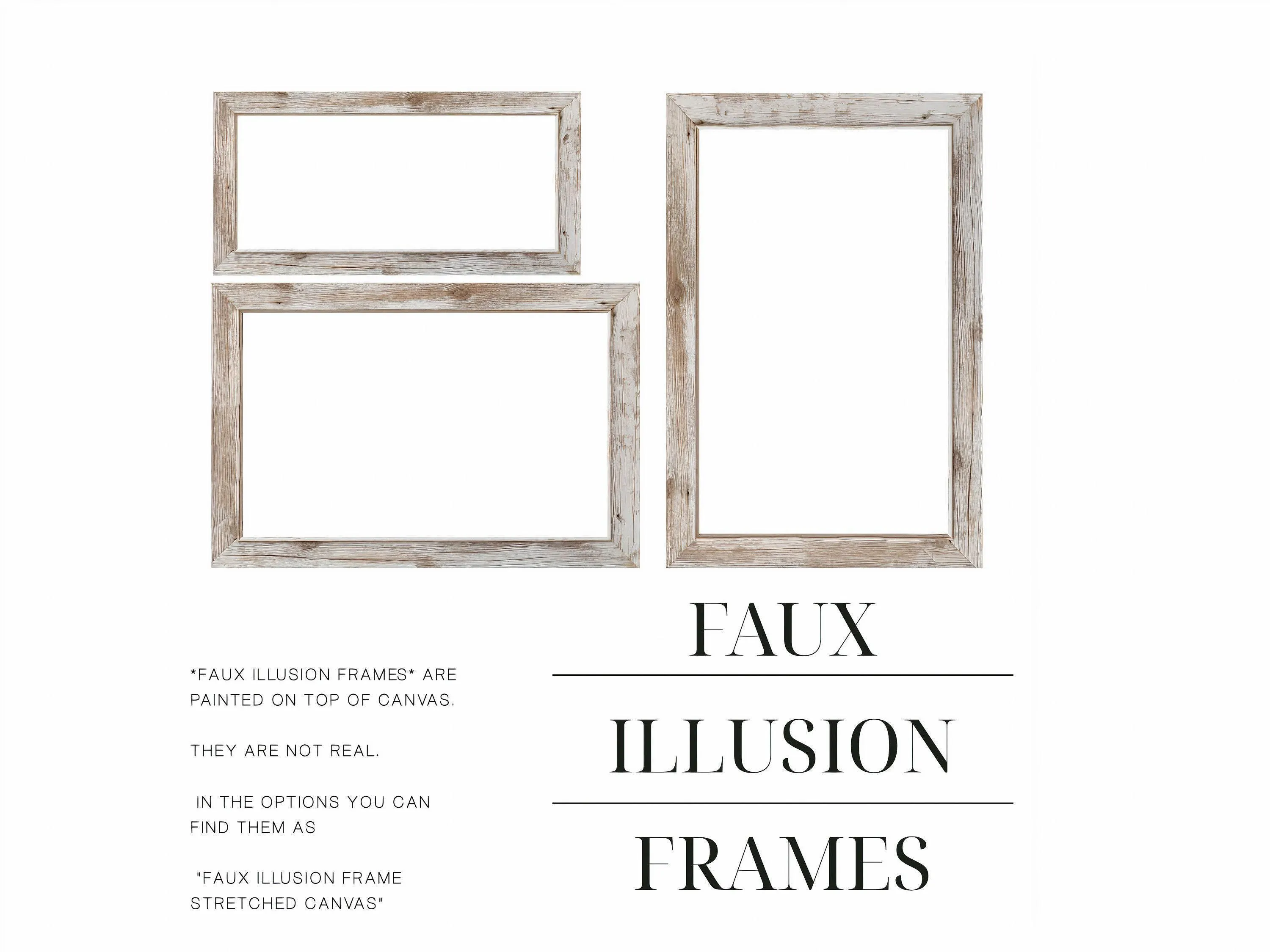 three empty "Faux Illusion Frame" frames, each painted on top of a canvas. The frames are not real and are not meant to be real, as they are described as "Faux Illusion Frames" or "Faux Illusion Canvas".
