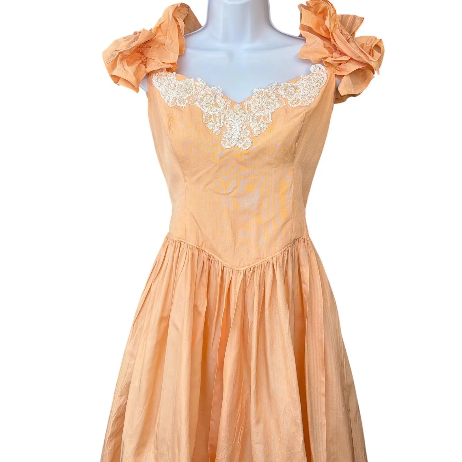 80s Vintage Embellished Applique Peach Taffeta Dress Prom Regencycore Princess - image 4
