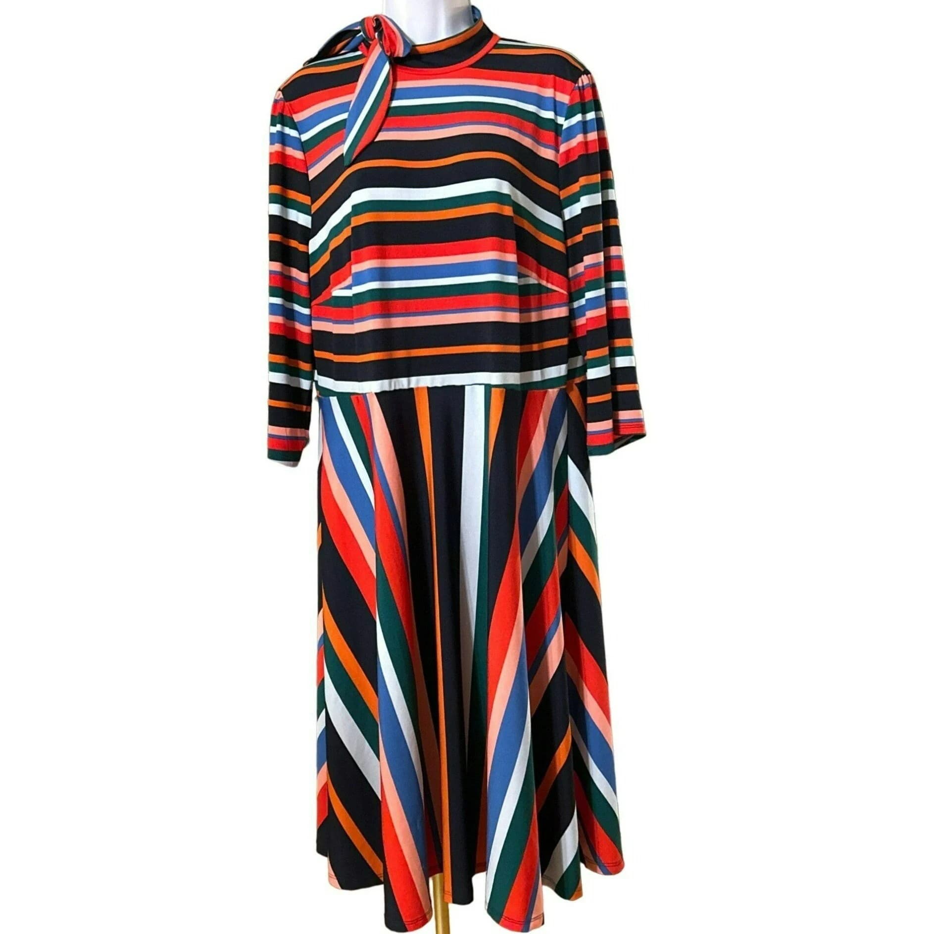Eloquii Women's Striped Print Fit and Flare A-Line Dress Size 16 Back Bow Stretch Long Sleeve