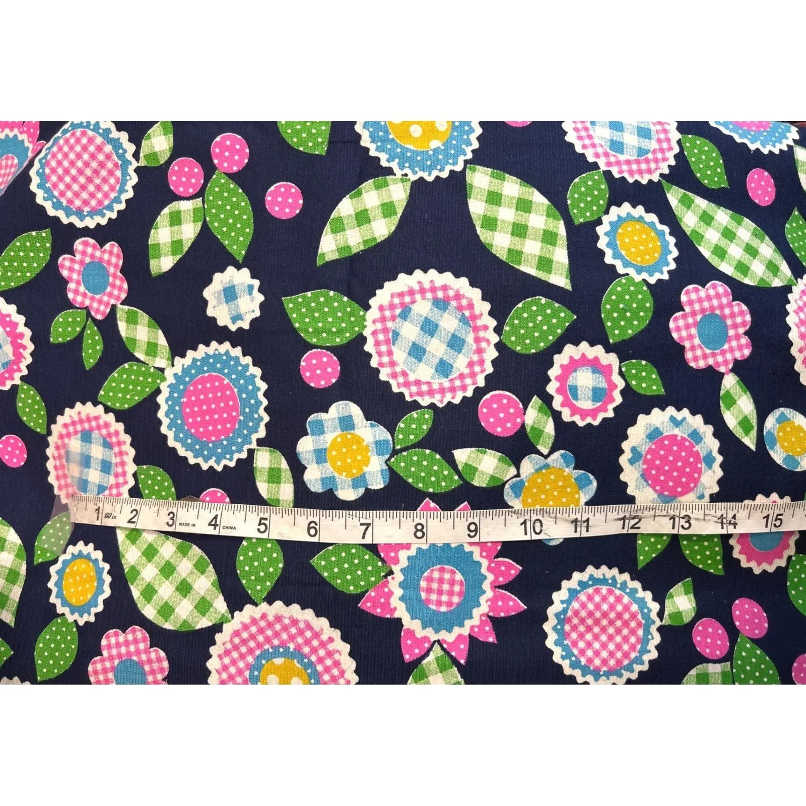 Vintage Mod Floral Fabric Navy Gingham Flowers Cotton Retro 4 Yards Quilt Whimsy - image 3