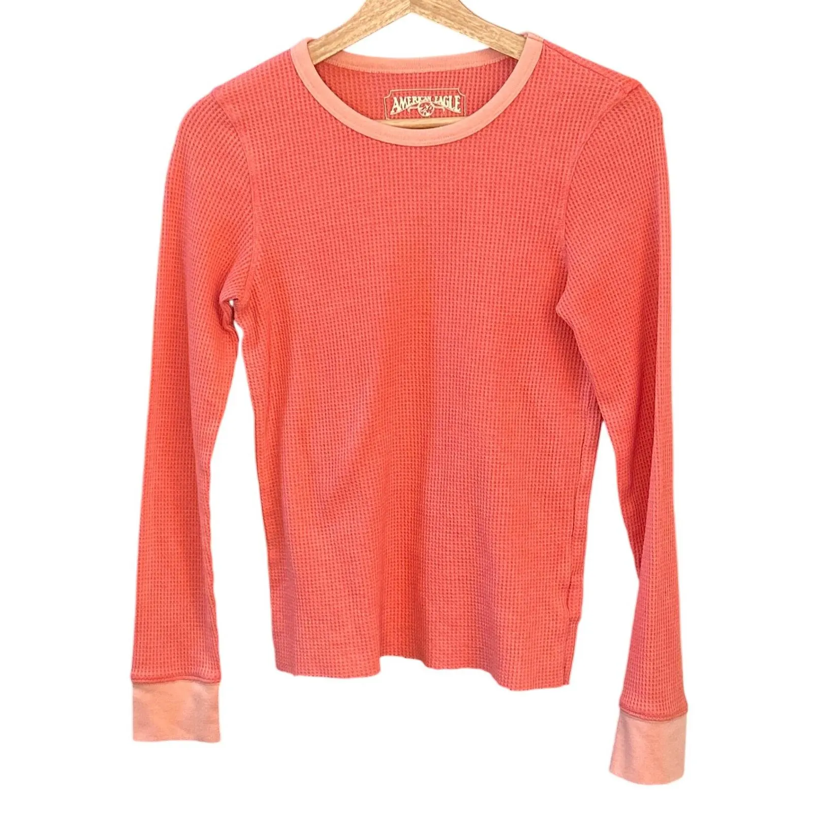 American Eagle Coral Waffle Knit Thermal Top Small Long Sleeve Y2K Casual Preppy