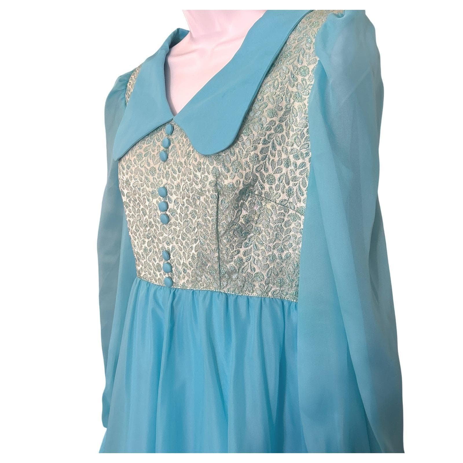 Vintage 70s Blue Prairie Maxi Dress Sheer Sleeves Boho Romantic Cottagecore - image 5