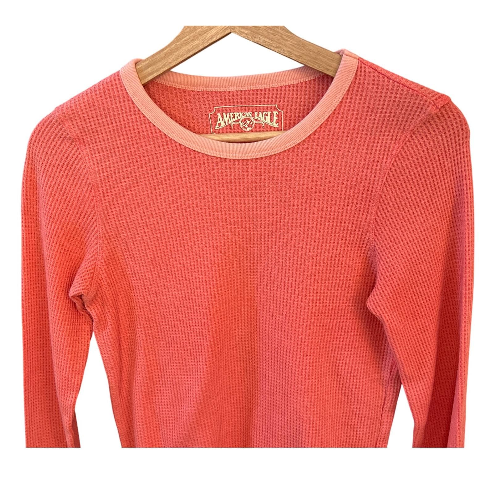 American Eagle Coral Waffle Knit Thermal Top Small Long Sleeve Y2K Casual Preppy - image 3