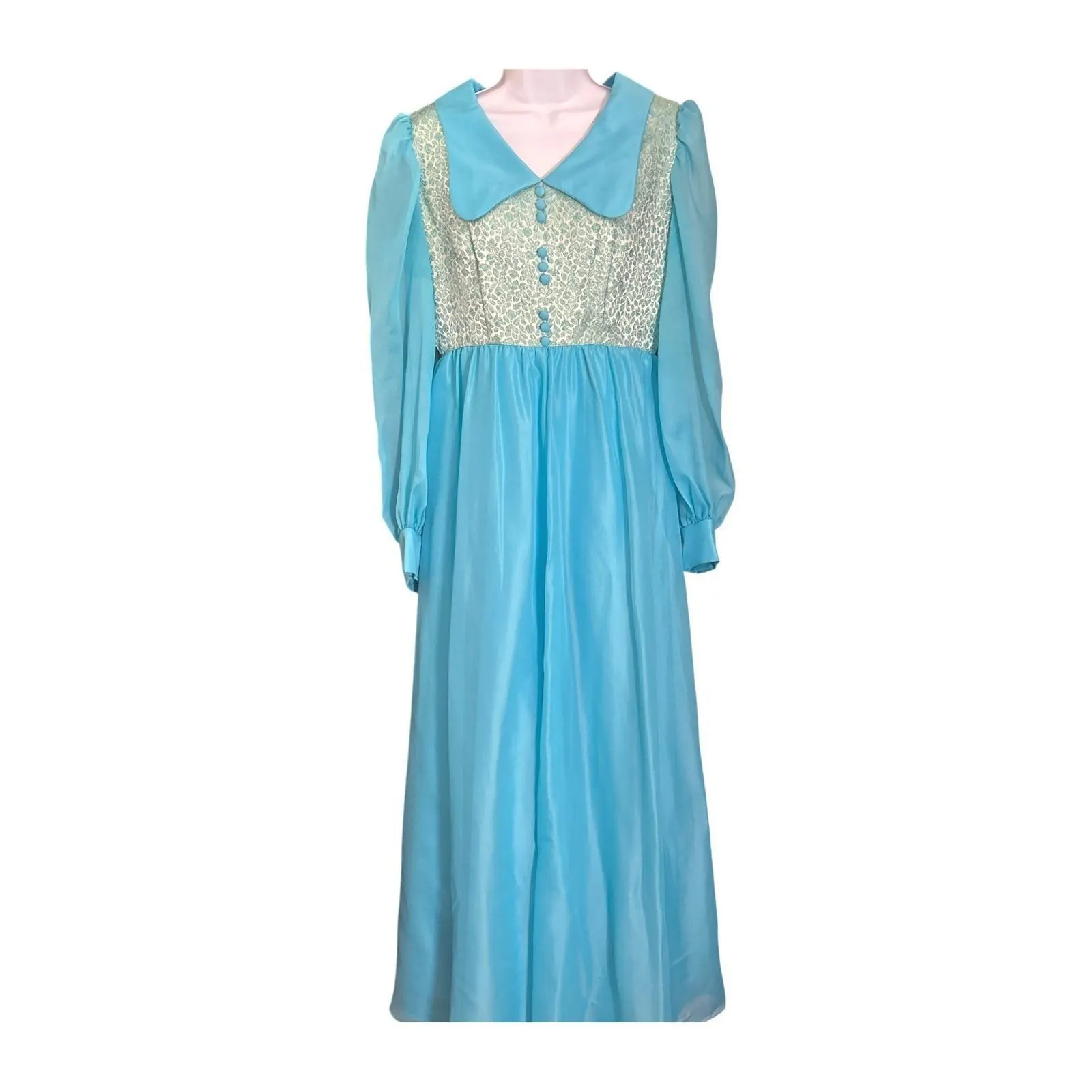 Vintage 70s Blue Prairie Maxi Dress Sheer Sleeves Boho Romantic Cottagecore