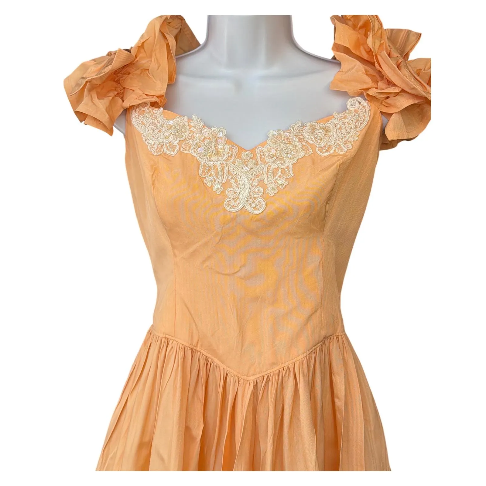 80s Vintage Embellished Applique Peach Taffeta Dress Prom Regencycore Princess - image 5