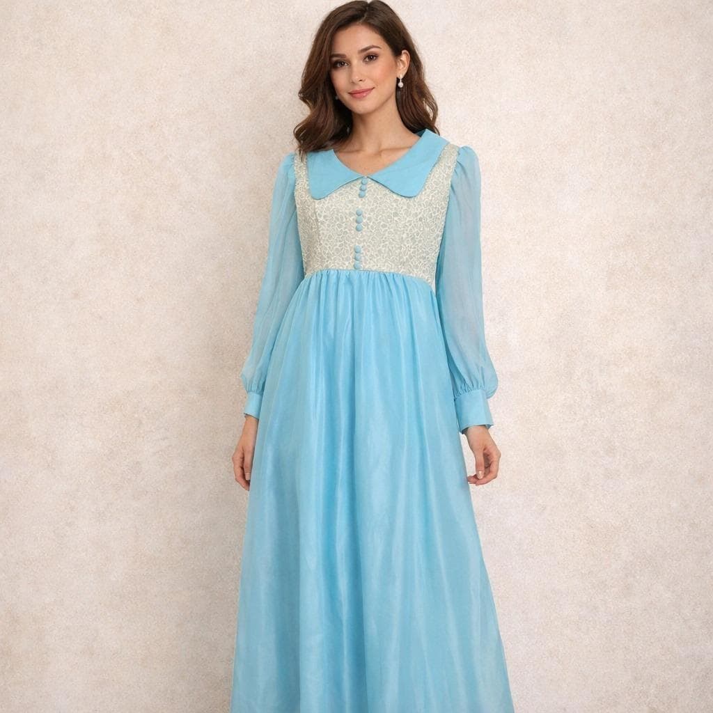Vintage 70s Blue Prairie Maxi Dress Sheer Sleeves Boho Romantic Cottagecore - image 3