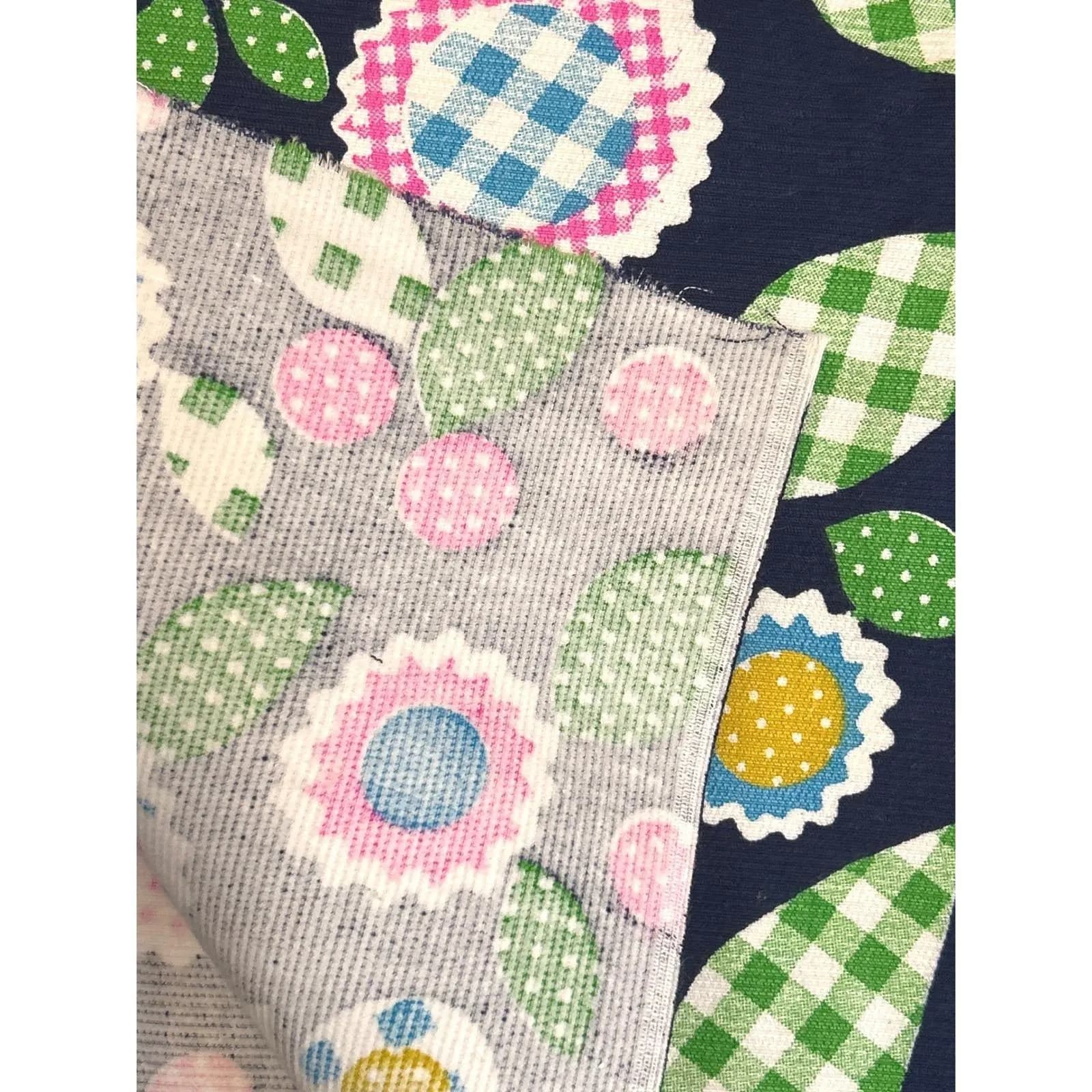 Vintage Mod Floral Fabric Navy Gingham Flowers Cotton Retro 4 Yards Quilt Whimsy - image 4