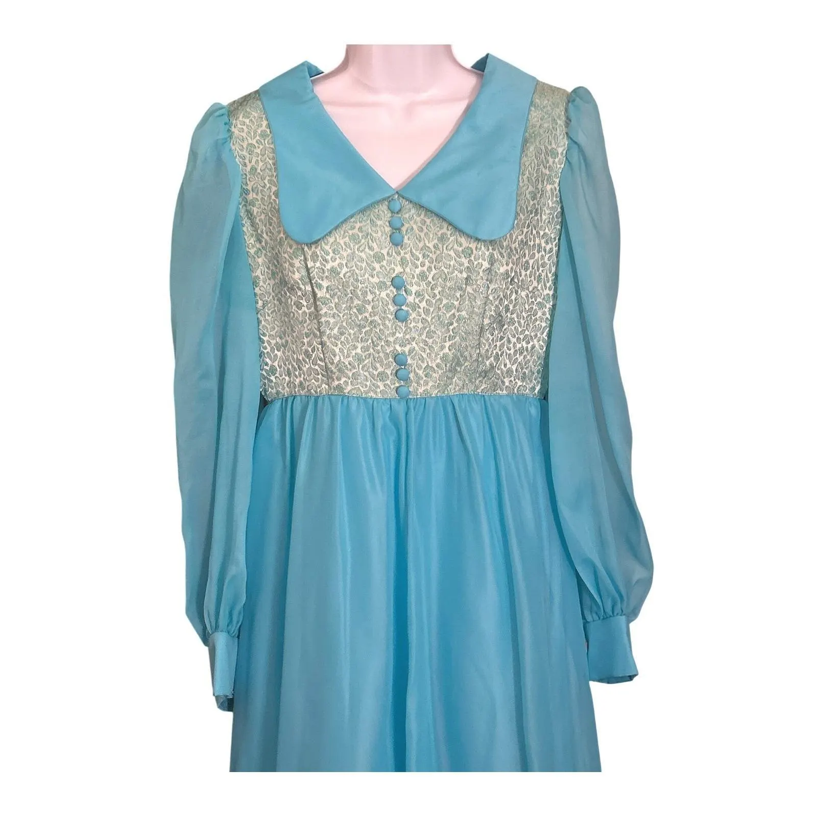 Vintage 70s Blue Prairie Maxi Dress Sheer Sleeves Boho Romantic Cottagecore - image 4