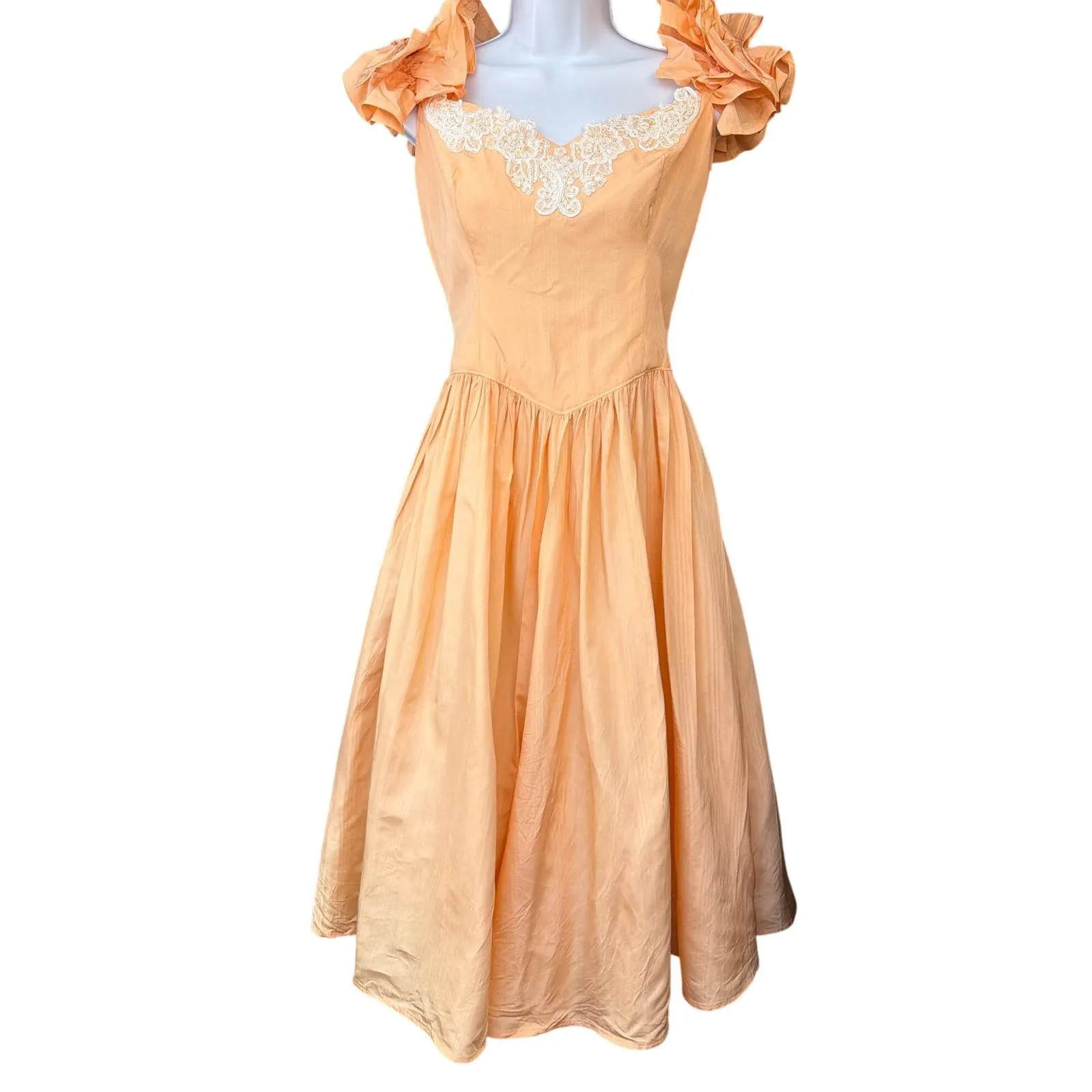 80s Vintage Embellished Applique Peach Taffeta Dress Prom Regencycore Princess