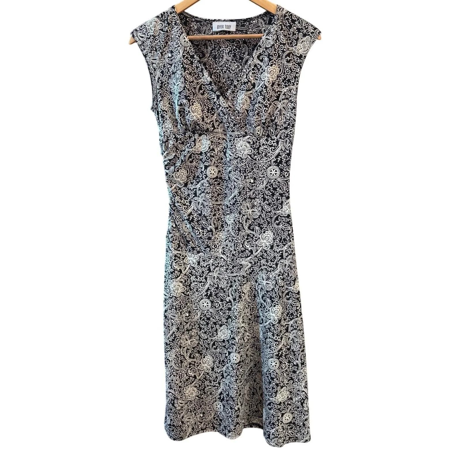 Byer Too! Black & White Paisley V-Neck Sleeveless Midi Dress Career Casual