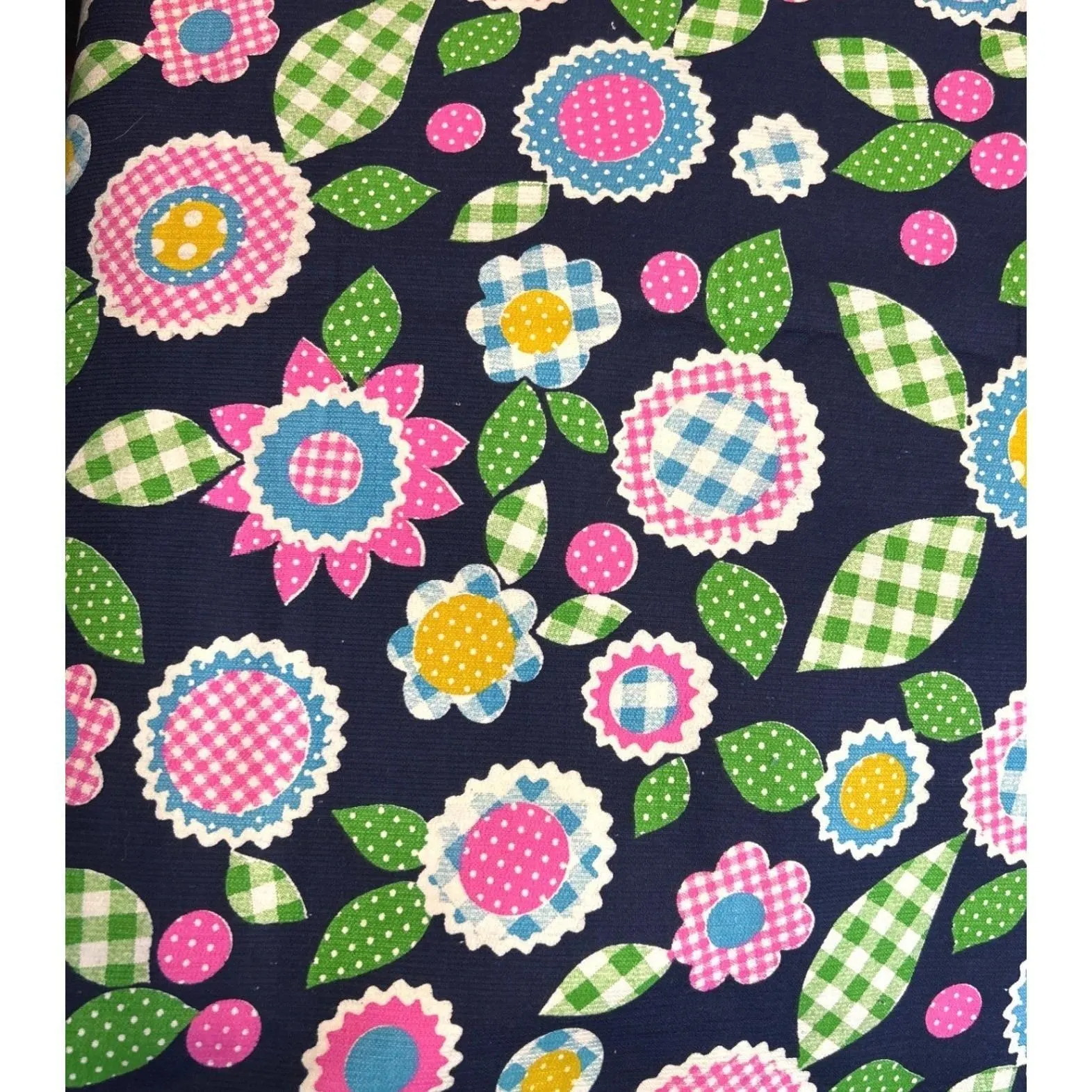 Vintage Mod Floral Fabric Navy Gingham Flowers Cotton Retro 4 Yards Quilt Whimsy
