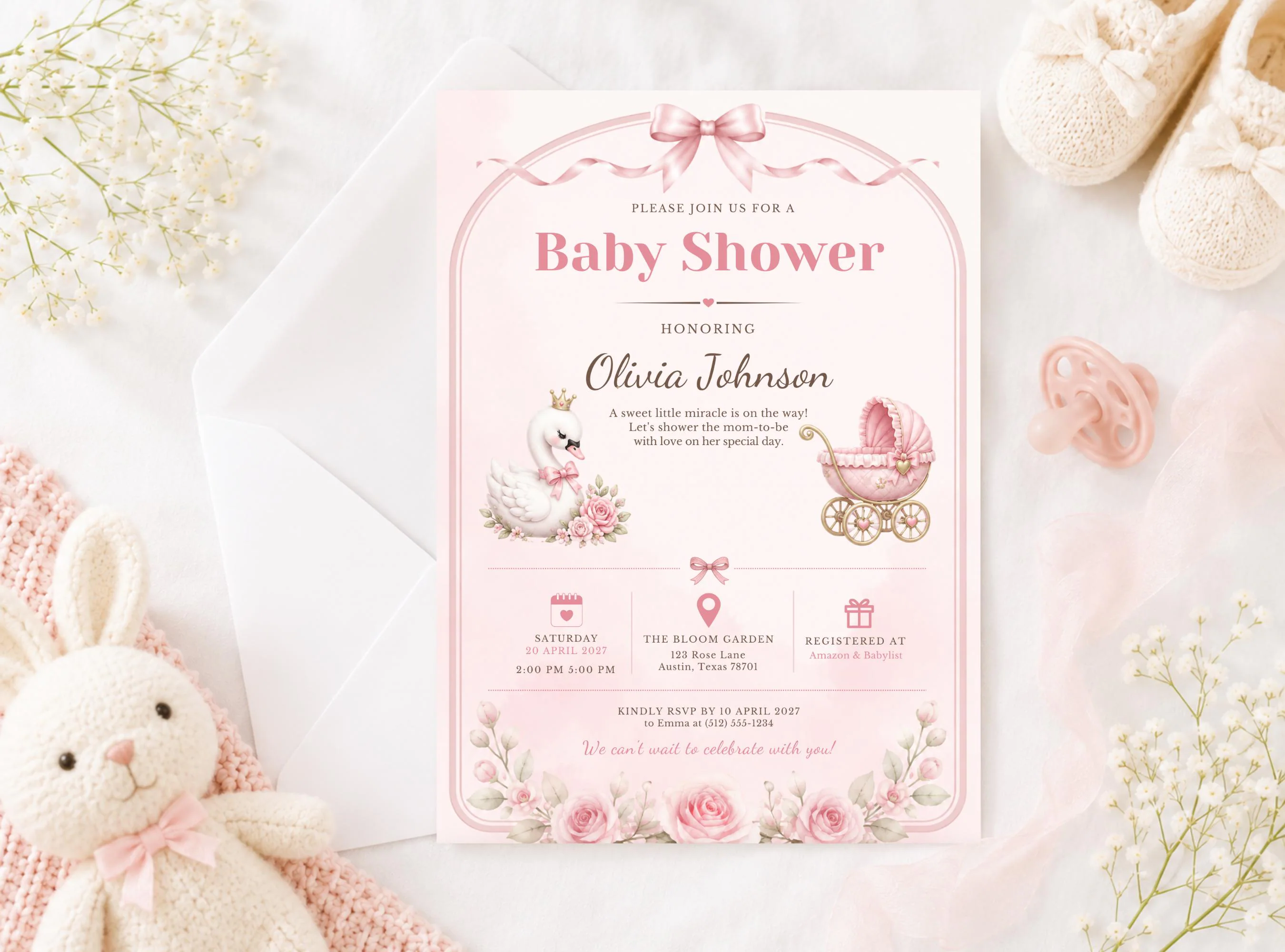 Swan Baby Shower Invitation Template, Pink Baby Shower Invite, Printable Invite, Editable Canva Template, Digital Download