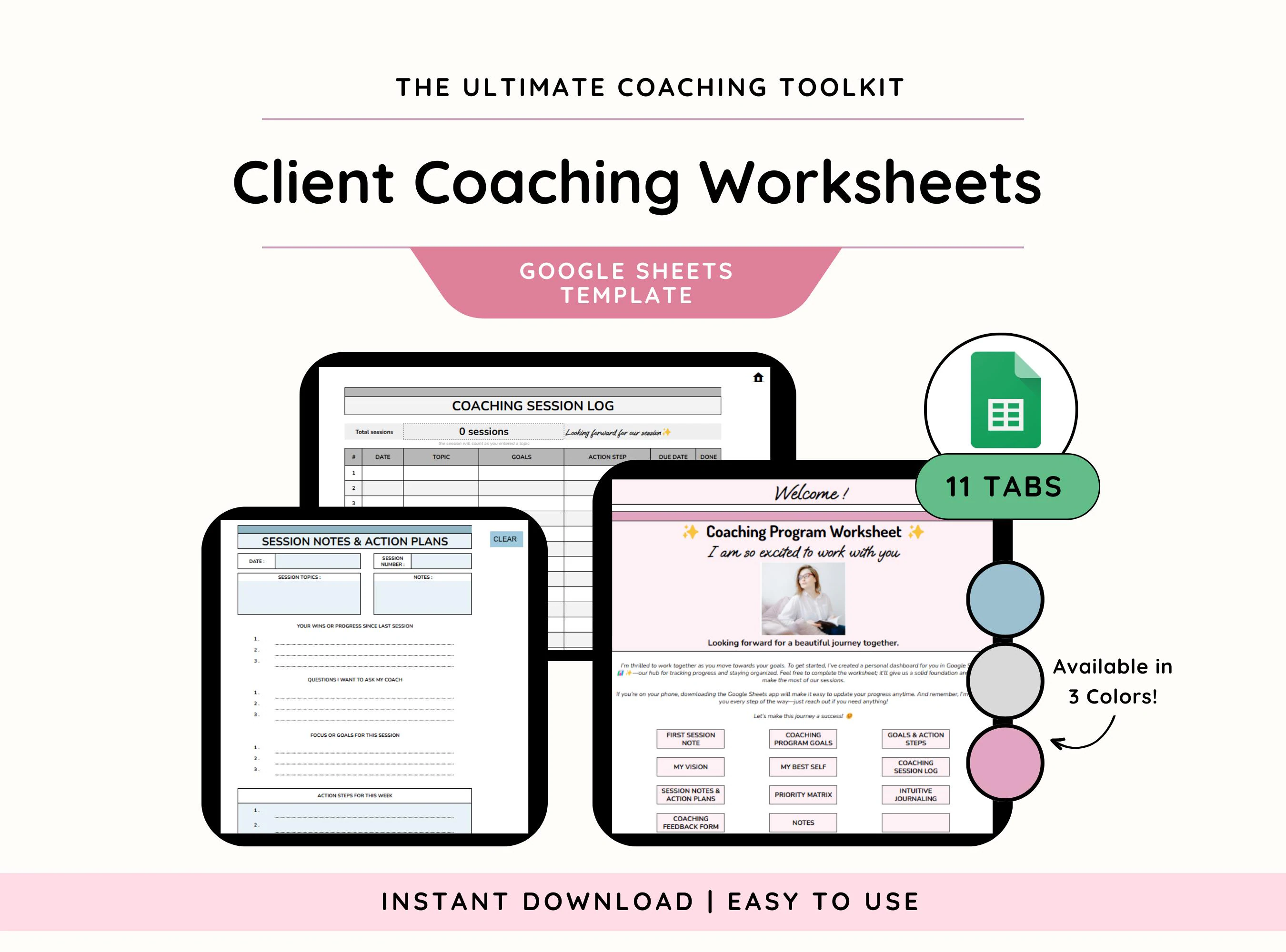 Coaching Session Worksheets| Google Sheets Coaching Toolkit| Coaching Worksheet Templates| Client Session Spreadsheet Templates for Coaches