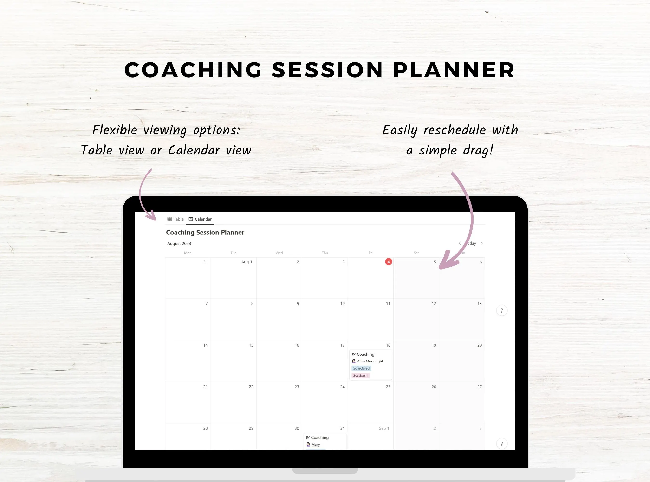 A calendar view of a coaching session planner.