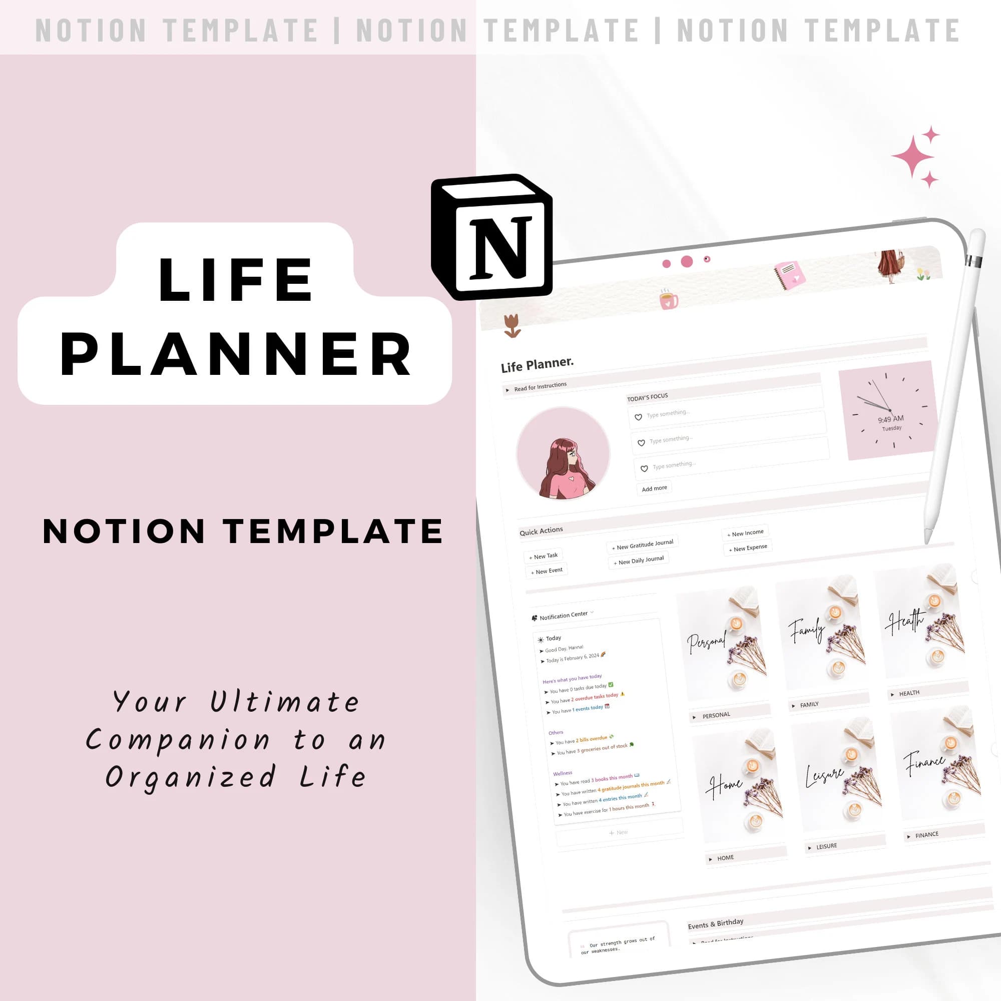 Notion Template Life Planner for ADHD Notion Planner Dashboard Notion Daily Journal Minimalist Planner ADHD Life Planner