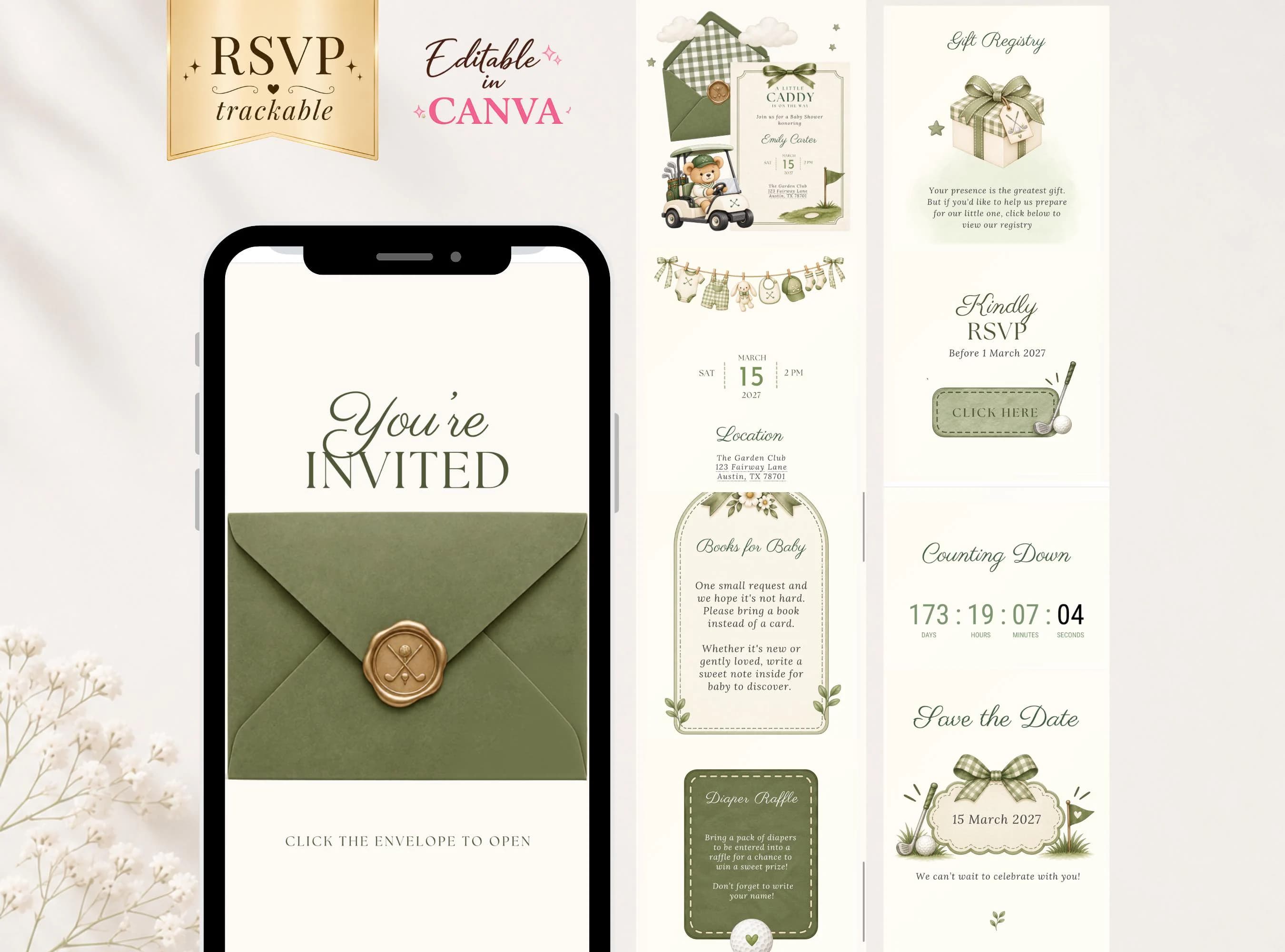 Golf Baby Shower Invitation Website, Golf Baby Shower Canva Template, Interactive Digital Invitation, Editable Baby Shower Invite with RSVP - image 3
