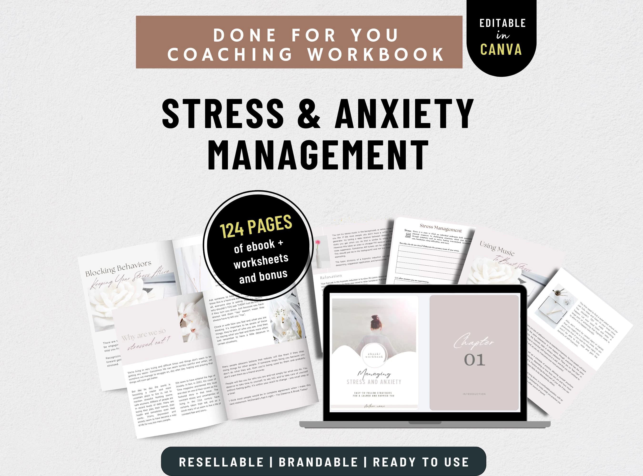 Anxiety Workbook & Stress Management Coaching ebook, Done For You PLR ebook for Life Coach, Burnout Workbook Canva Template, Lead Magnet