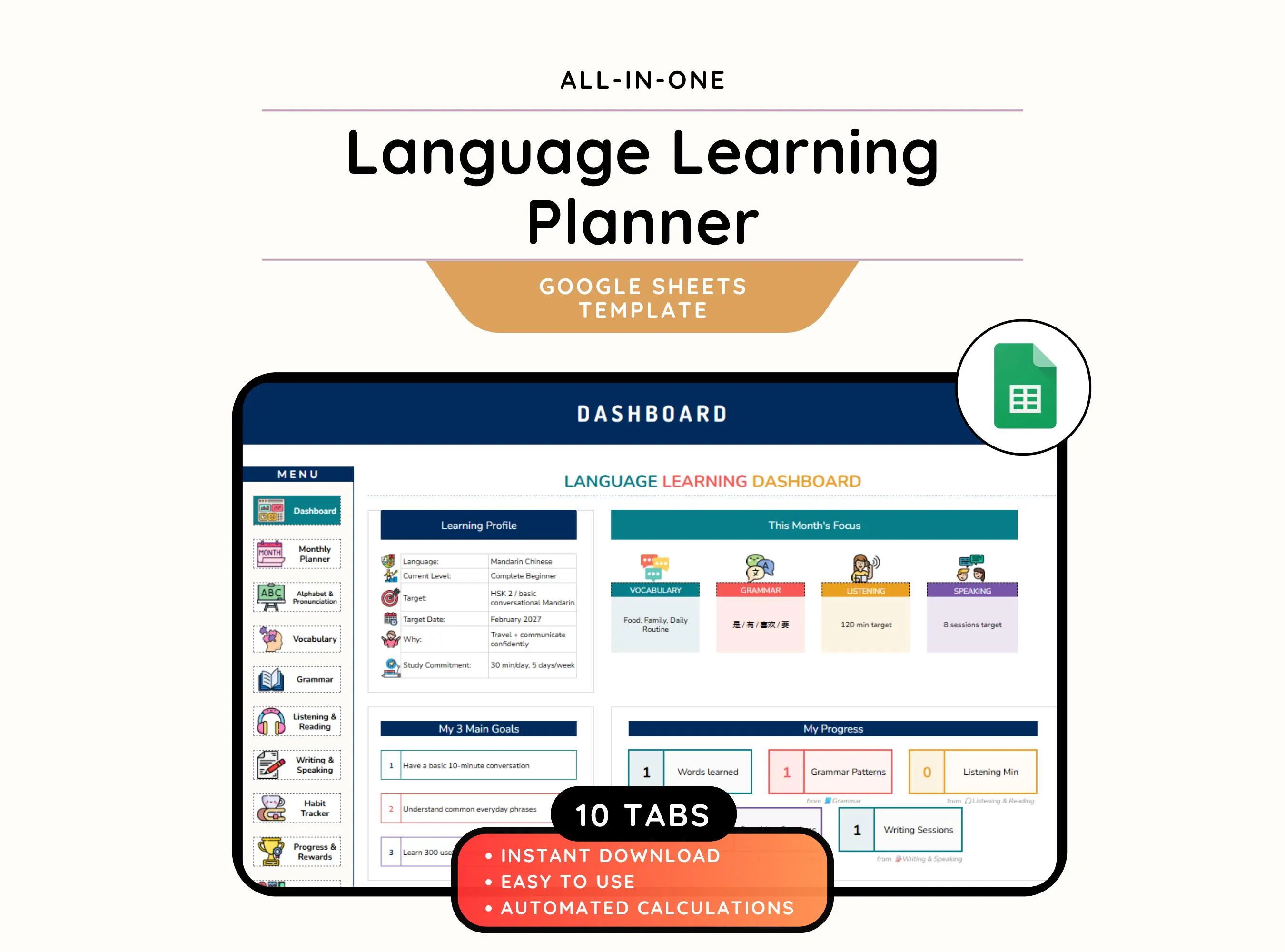 Language Learning Planner Google Sheets Template, Vocabulary Tracker Spreadsheet, Grammar Study Planner, Language Progress & Habit Tracker