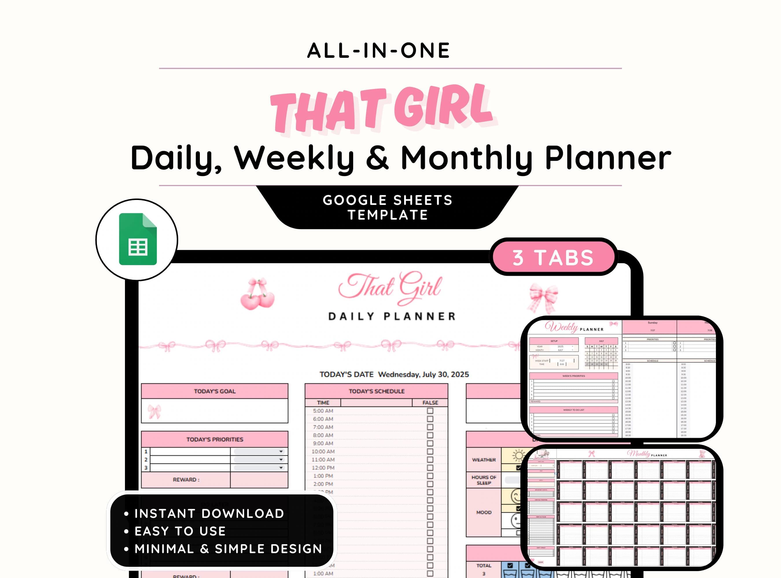 That Girl Daily Planner Google Sheets Template| Weekly Planner| Monthly Calendar| Productivity Planner| Task Tracker| To Do List Spreadsheet