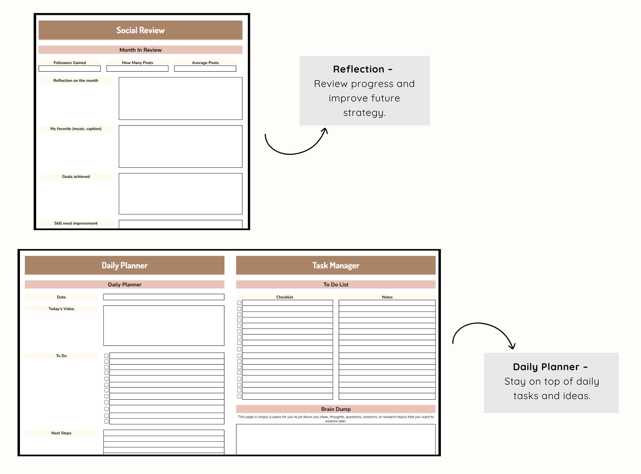 Reflection and daily planner tabs for reviewing performance and planning daily tasks.