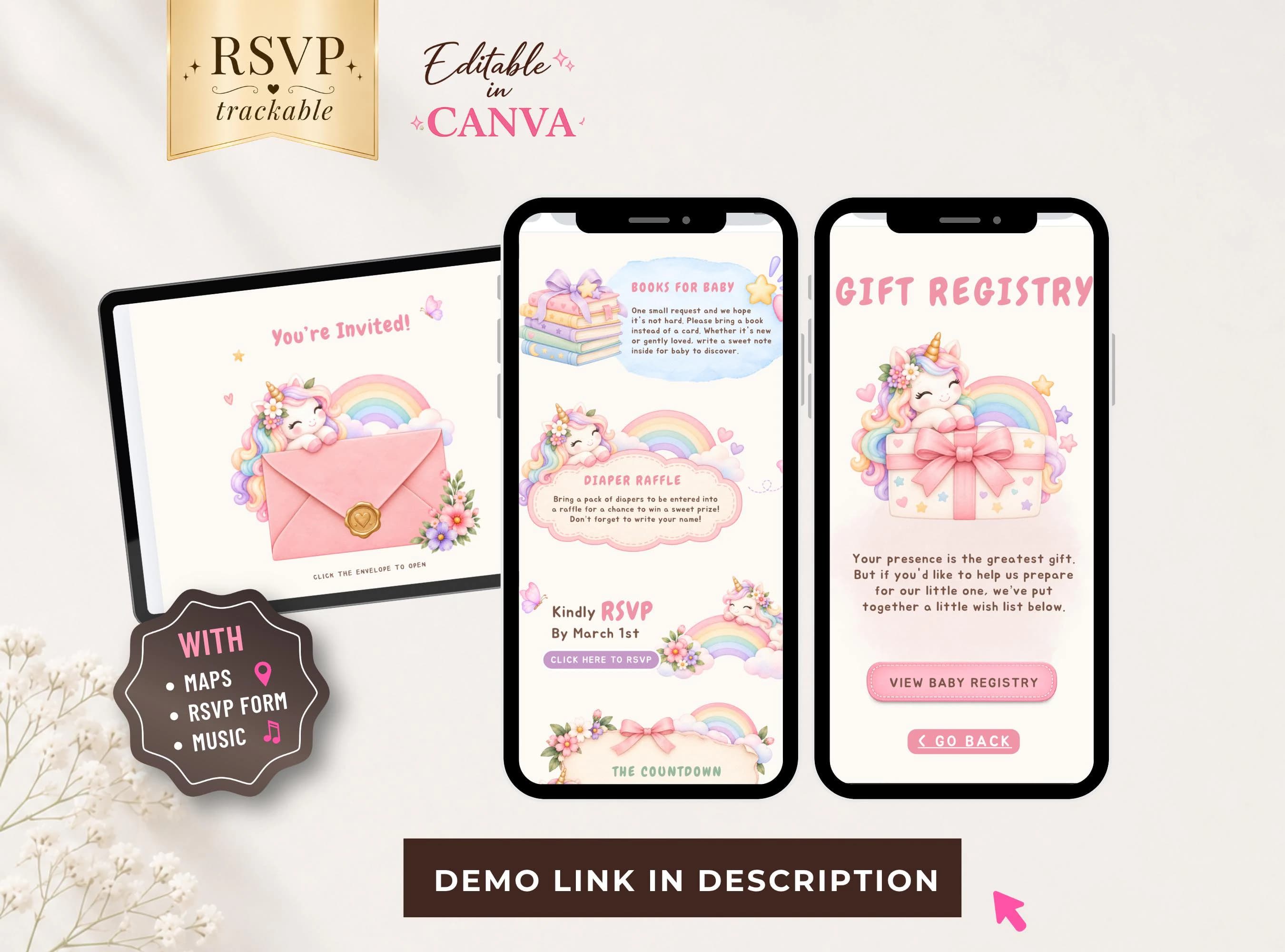Unicorn Baby Shower Invitation Website, Canva Editable Baby Shower Invite with RSVP, Pastel Rainbow Unicorn Interactive Digital Invitation - image 3