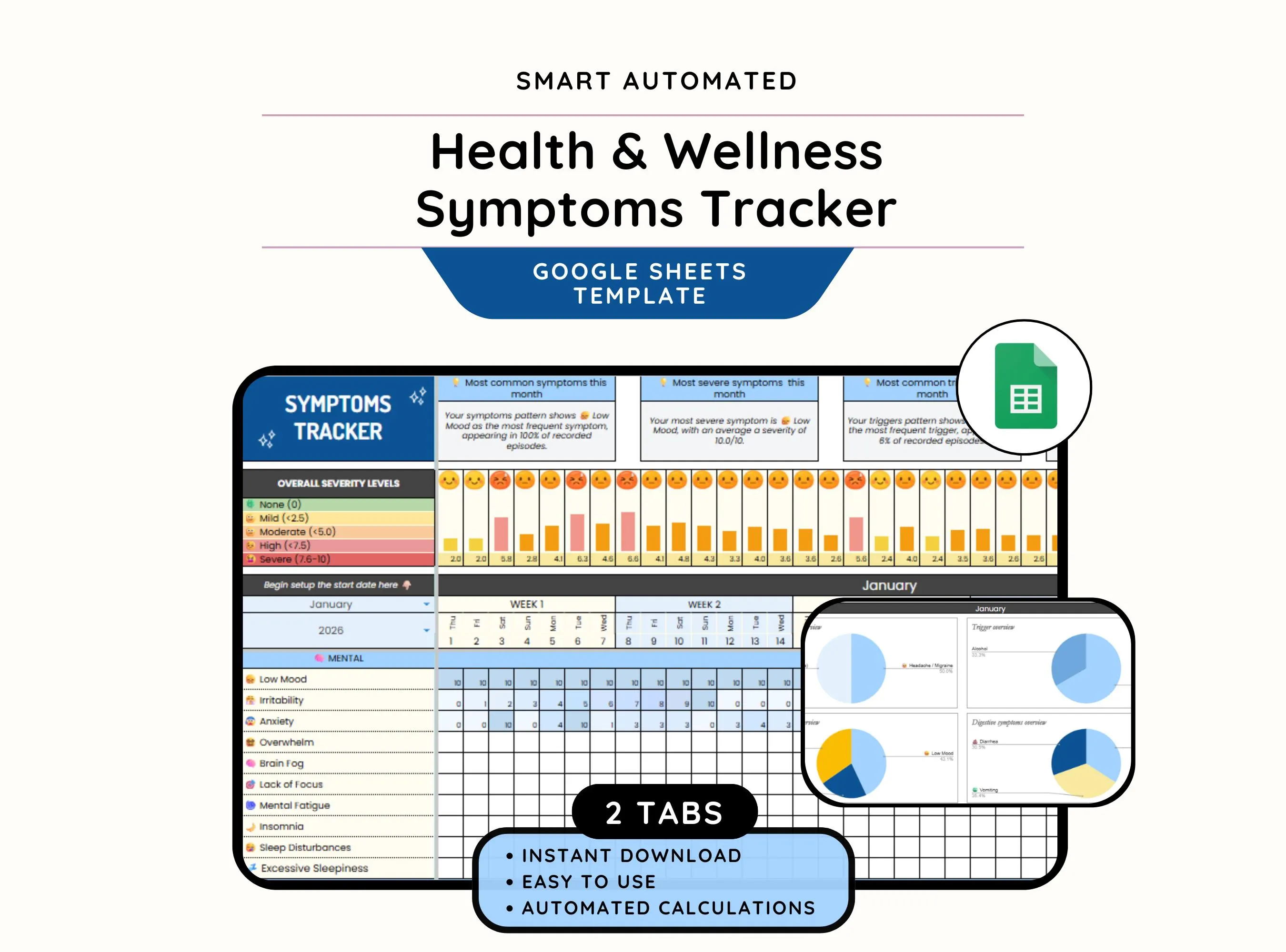 Symptom Tracker Spreadsheet, Medical Tracker Template, Wellness Tracker Google Sheets, Symptom Management, Pain Tracker, Mental Health Log