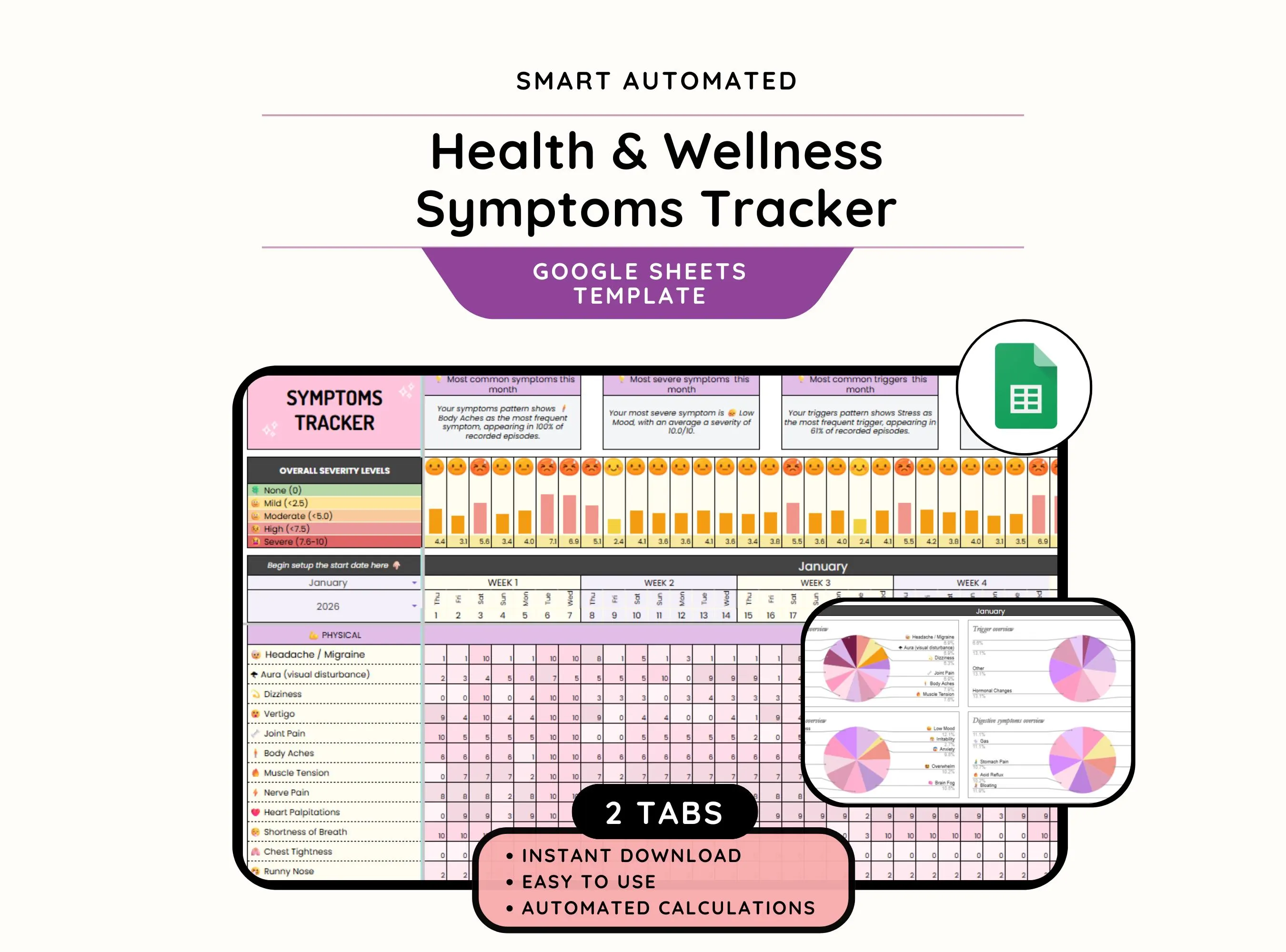 Symptom Tracker Spreadsheet, Wellness Tracker Google Sheets, Symptom Log, Pain Tracker, Mental Health Journal, Medical Tracker Template