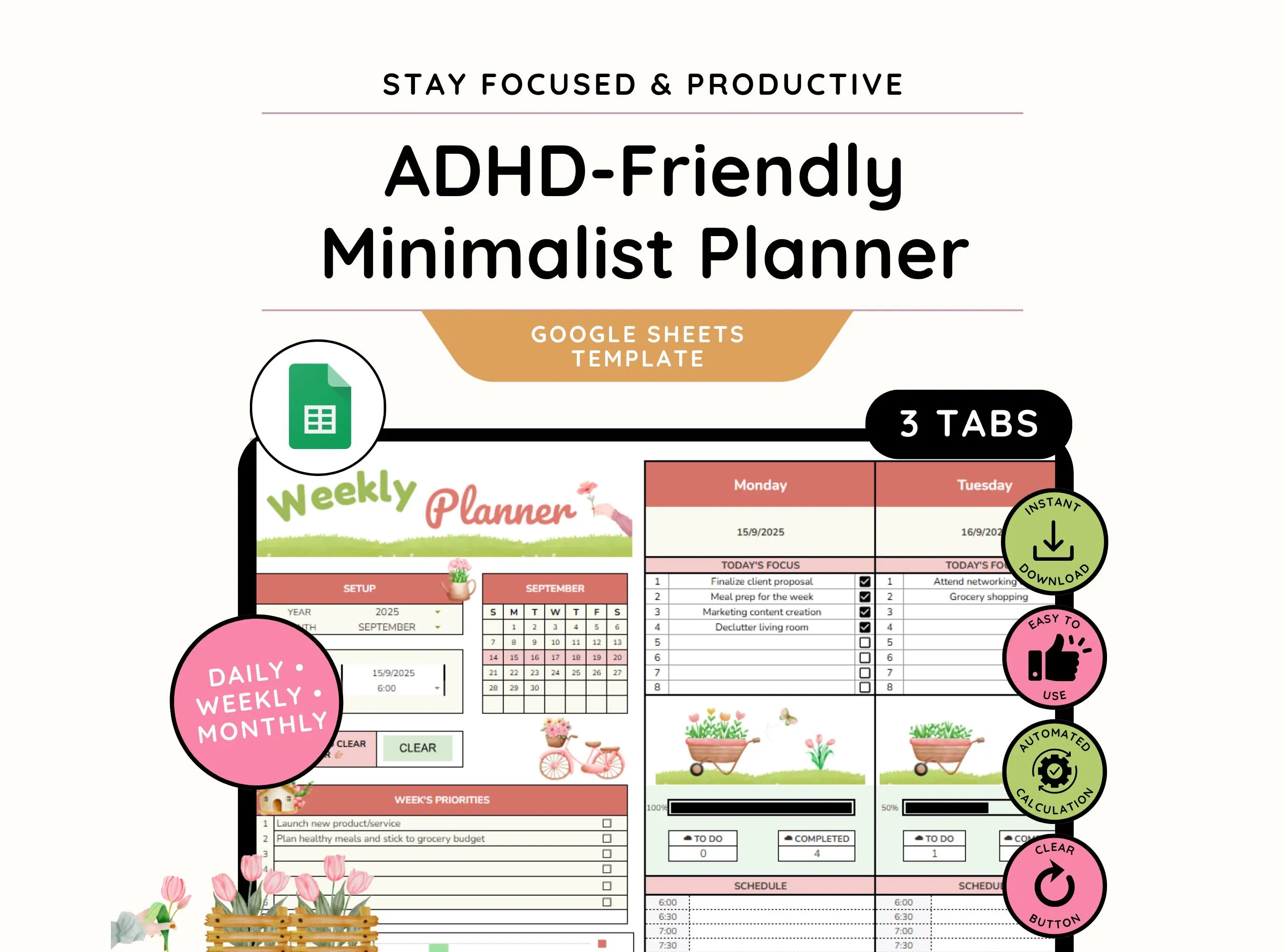 ADHD Minimalistic Daily Planner, Time Blocking Planner, Habit Tracker Spreadsheet, Google Sheet Task Manager, To Do List Spreadsheet