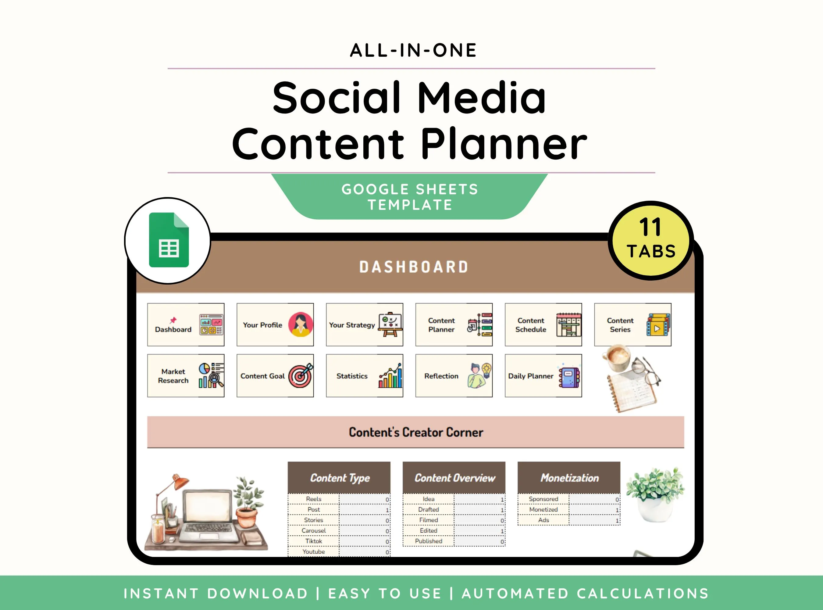 Social Media Content Planner Google Sheets| Digital Content Calendar & Marketing Organizer for Creators