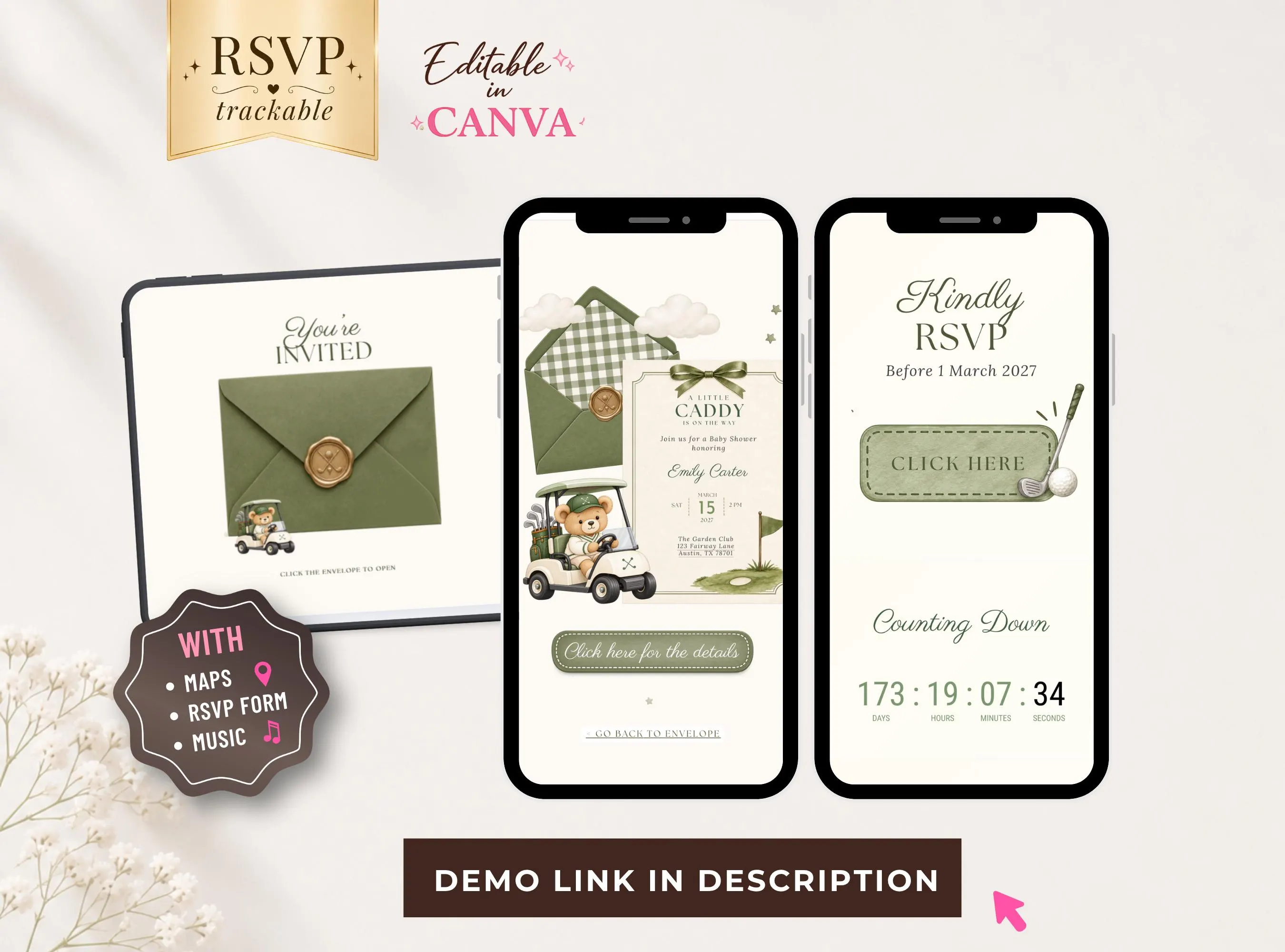 Golf Baby Shower Invitation Website, Golf Baby Shower Canva Template, Interactive Digital Invitation, Editable Baby Shower Invite with RSVP - image 4