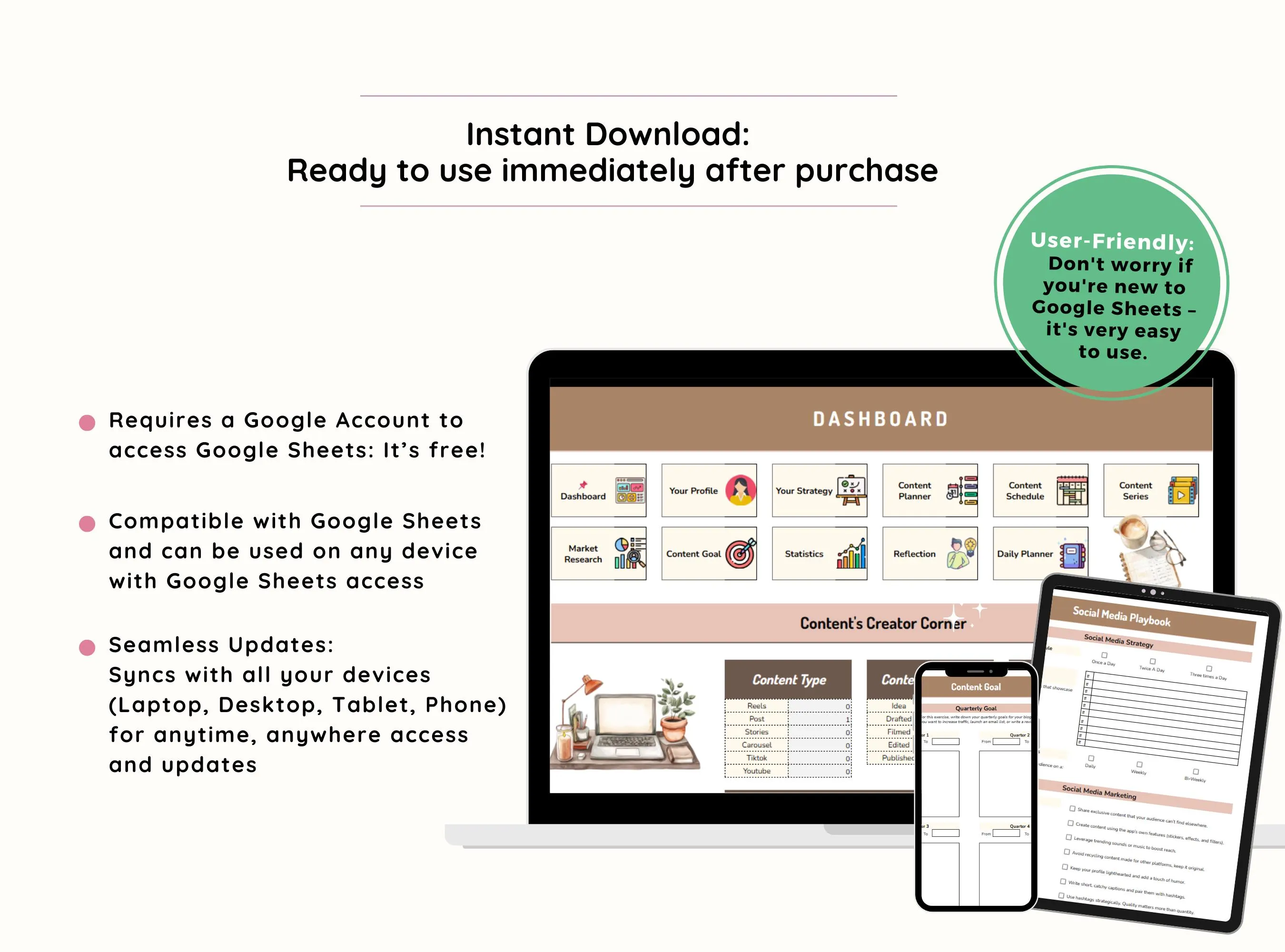 Instant download Google Sheets content creator planner compatible with desktop, tablet, and phone.