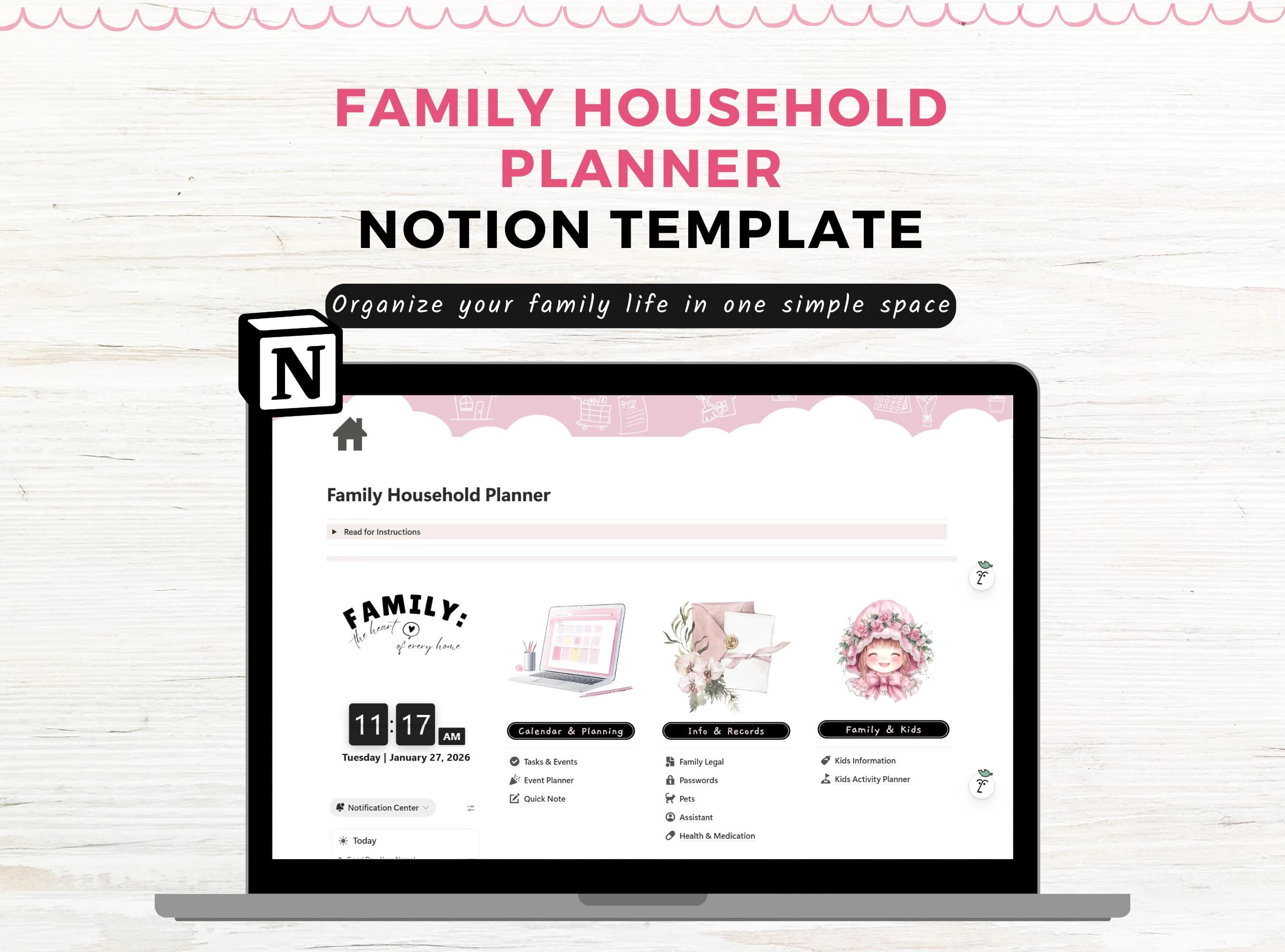 Notion Template Family Household Planner| Home Management Notion Planner| Family Planner Notion Dashboard| Home Organizer| Meal Planner