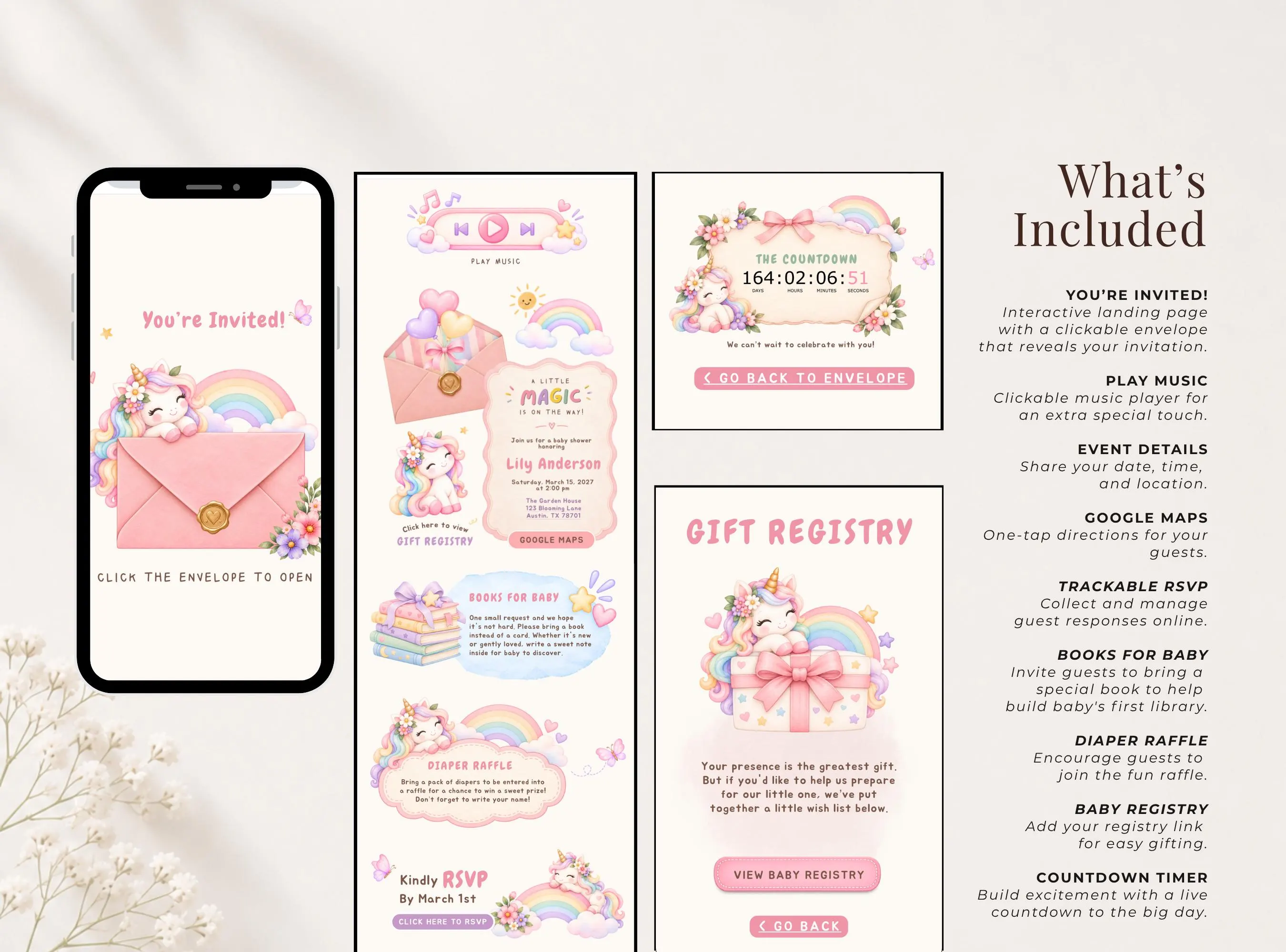 Unicorn Baby Shower Invitation Website, Canva Editable Baby Shower Invite with RSVP, Pastel Rainbow Unicorn Interactive Digital Invitation - image 4