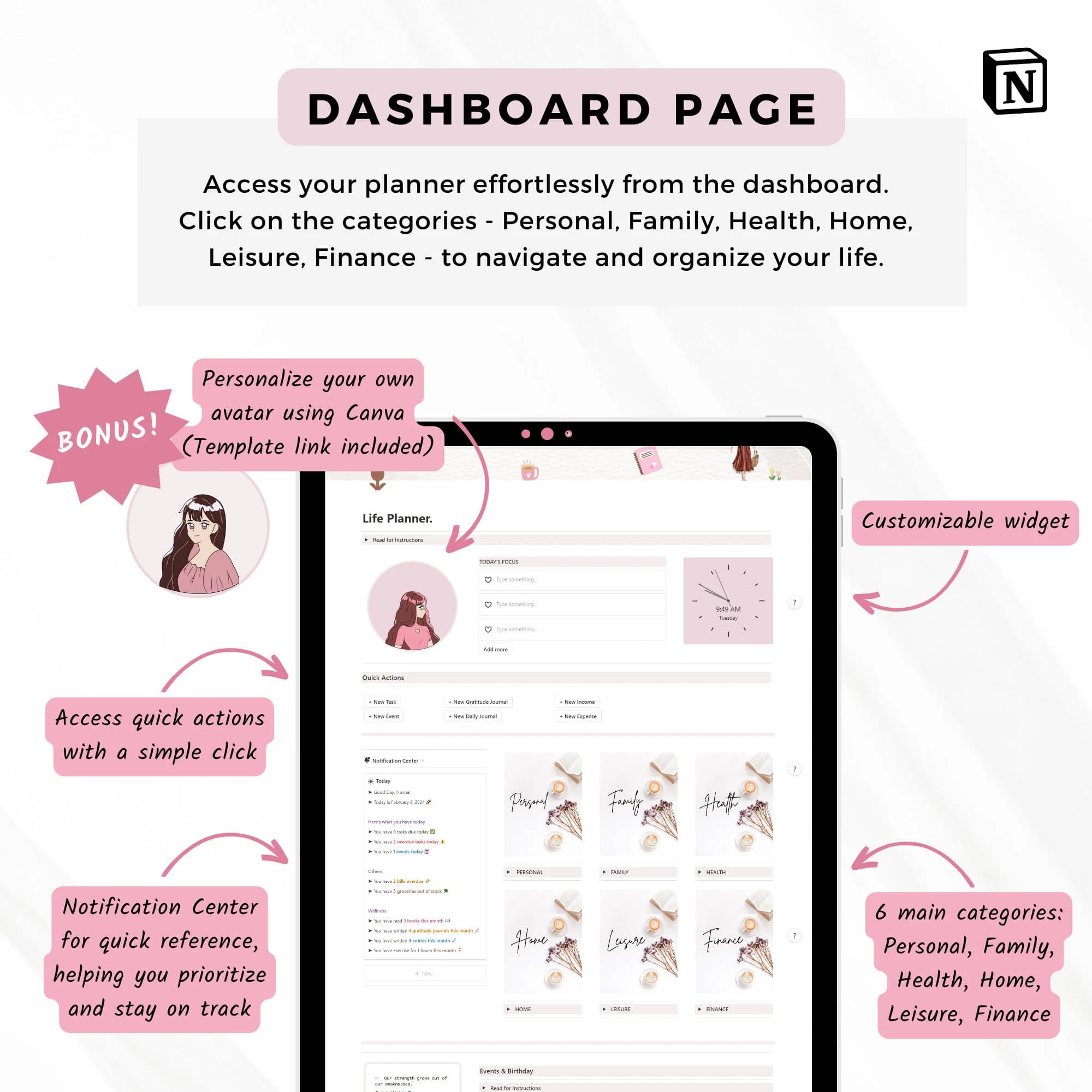 Notion Template Life Planner for ADHD Notion Planner Dashboard Notion Daily Journal Minimalist Planner ADHD Life Planner - image 3