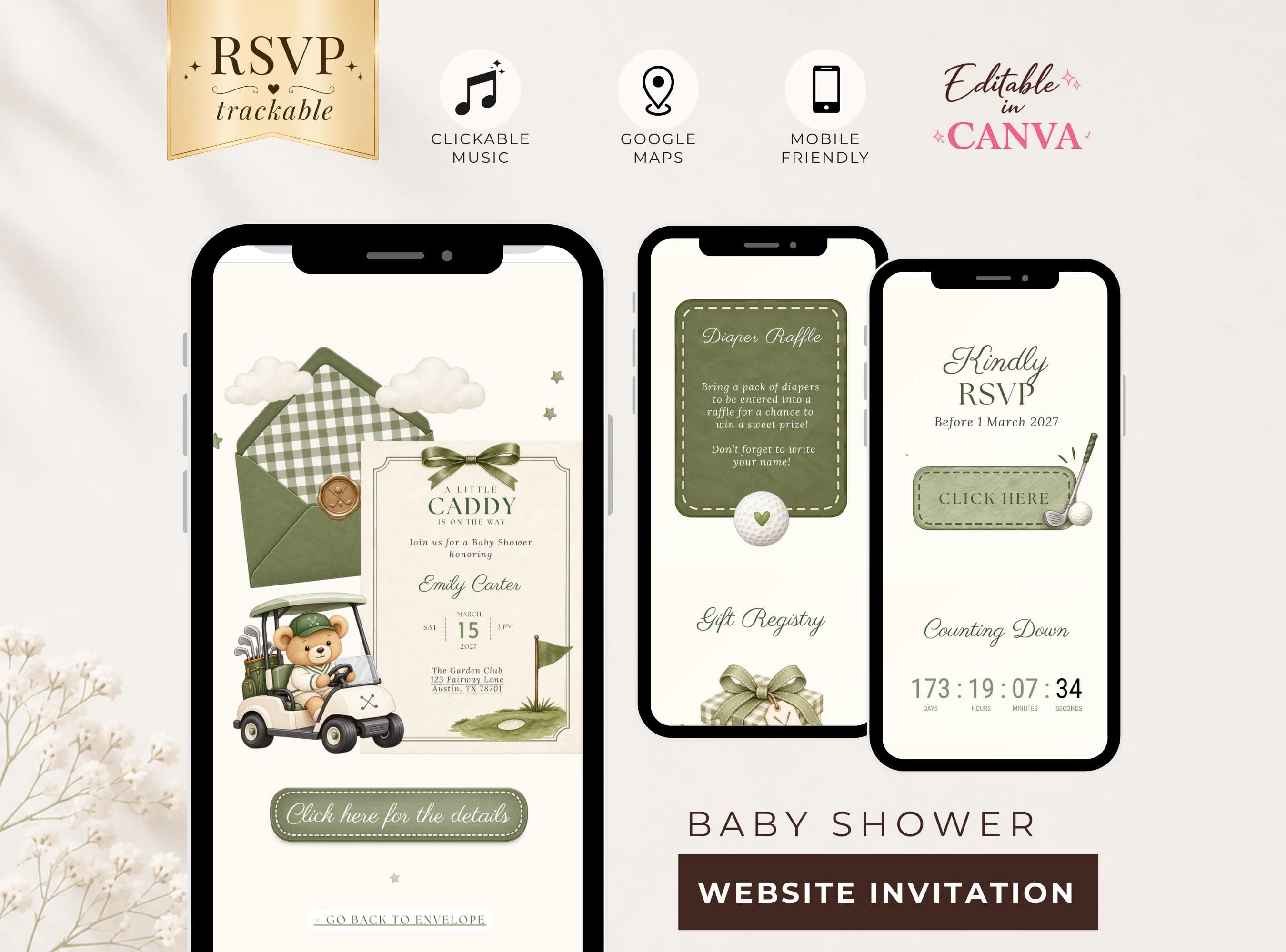 Golf Baby Shower Invitation Website, Golf Baby Shower Canva Template, Interactive Digital Invitation, Editable Baby Shower Invite with RSVP