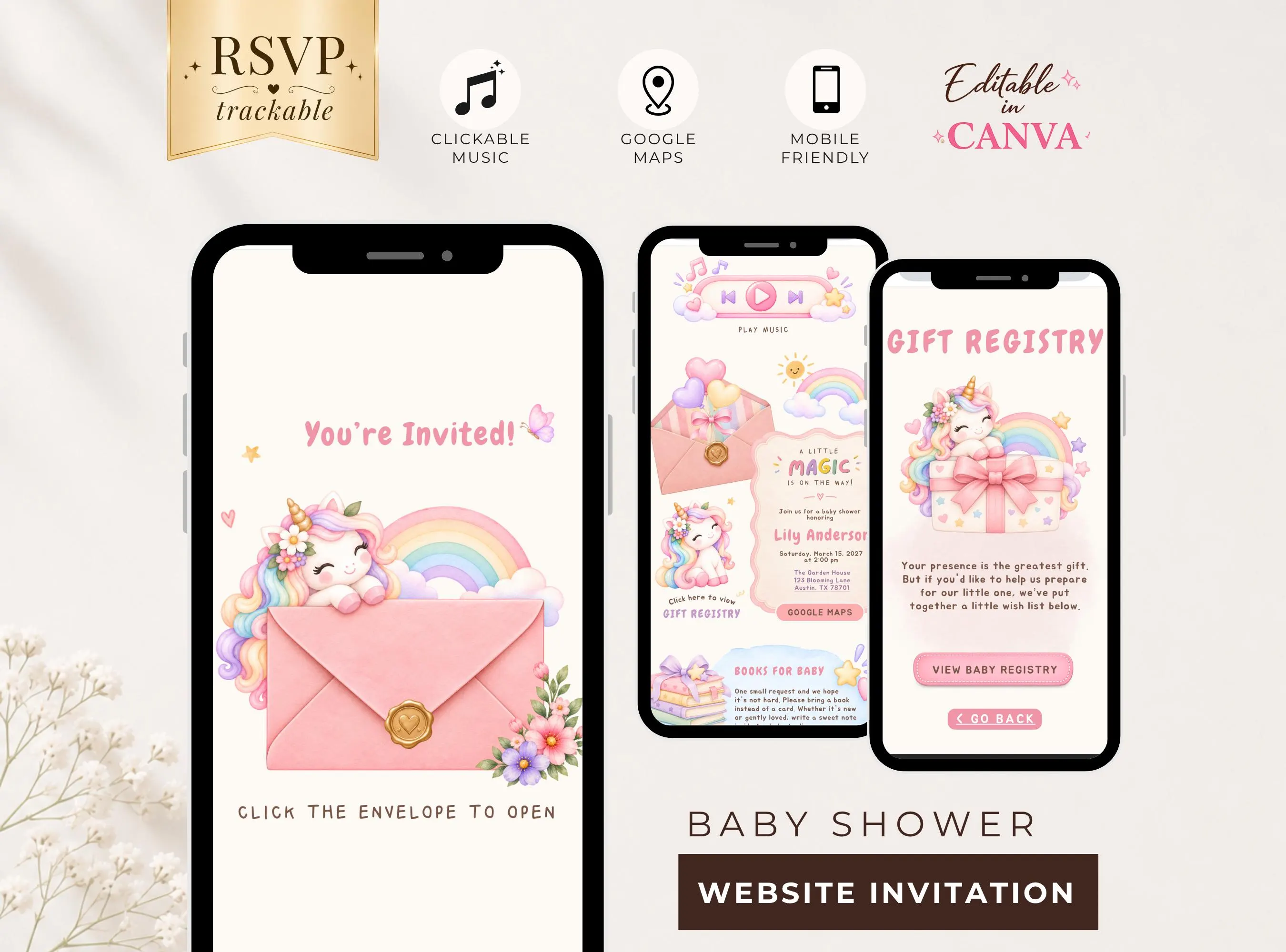 Unicorn Baby Shower Invitation Website, Canva Editable Baby Shower Invite with RSVP, Pastel Rainbow Unicorn Interactive Digital Invitation