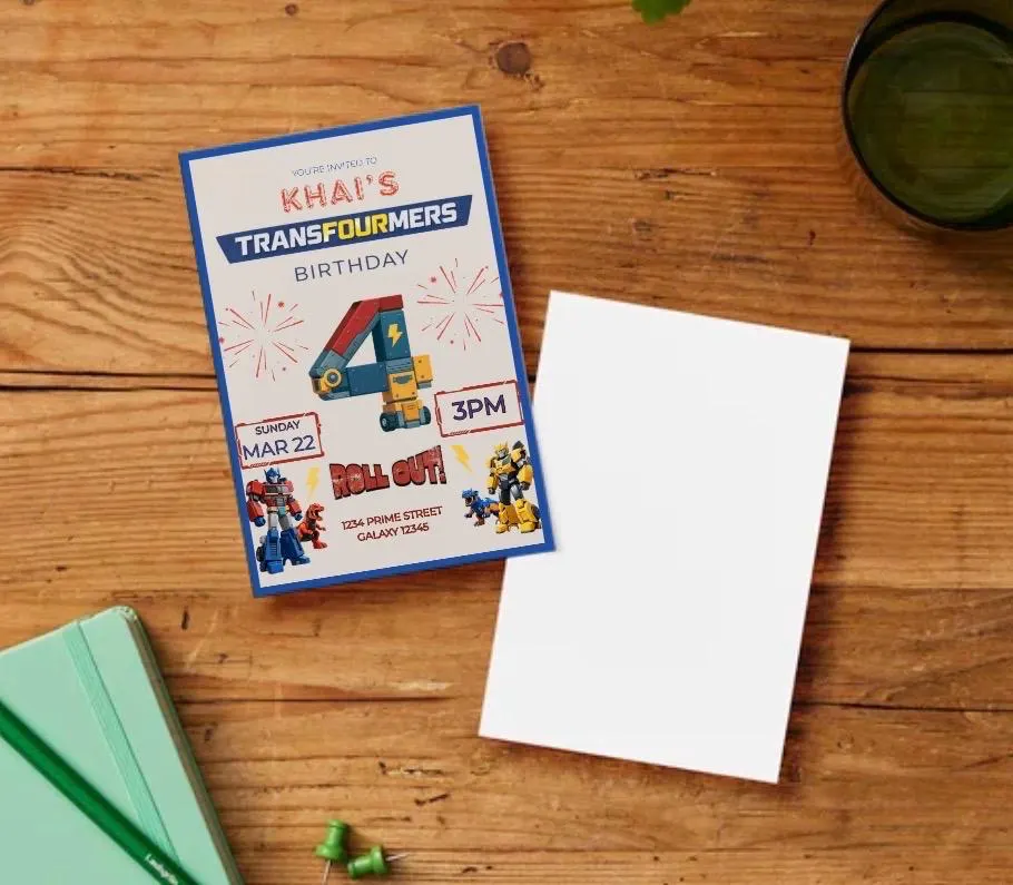 4th Birthday Invitations | TransFOURmers Party Invite Template | 4 Year Old Birthday | Physical Printed Invites - image 3