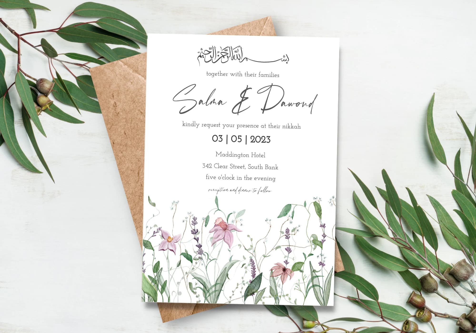 Floral Muslim Wedding Invitation, Nikah Walima, Watercolour Design (Digital Download) KLIA