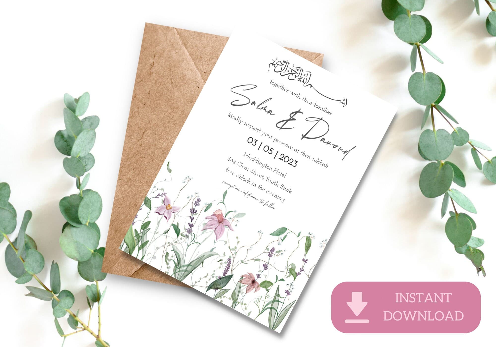 Floral Muslim Wedding Invitation, Nikah Walima, Watercolour Design (Digital Download) KLIA - image 2