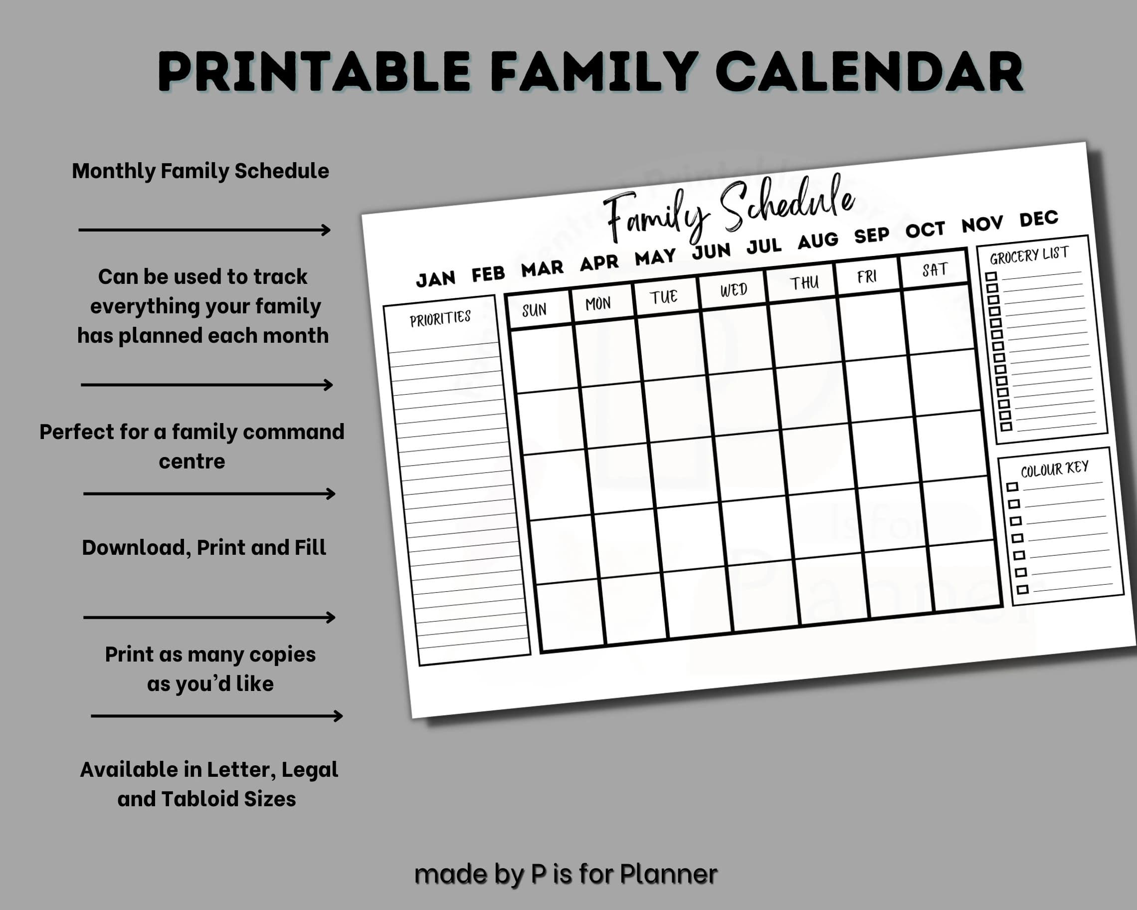 Family Calendar Printable, Monthly Family Schedule, Family Planning Wall Calendar, Command Center, Letter, Legal and Tabloid Sizes - image 3
